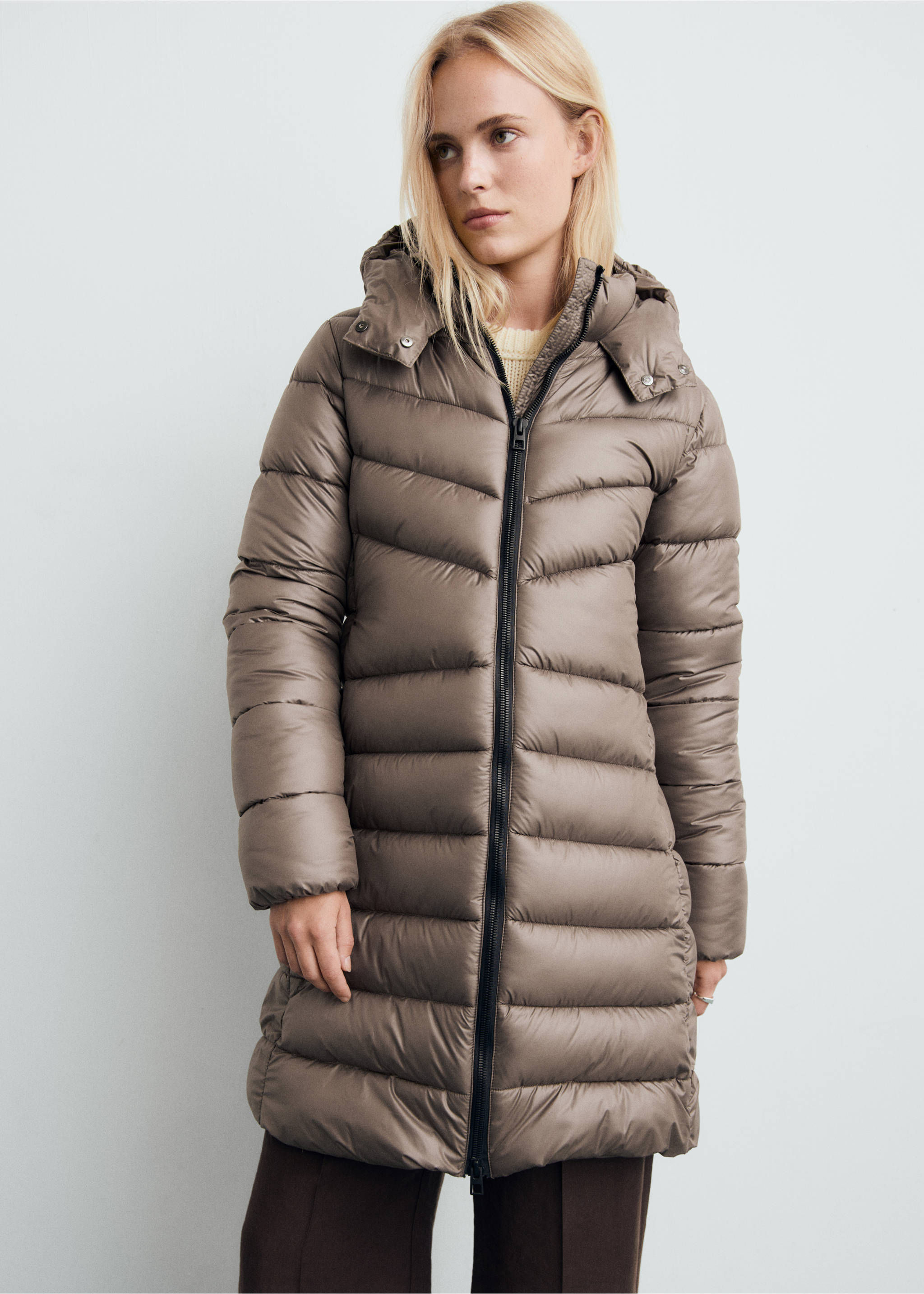 Midi quilted anorak with hood - Medium plane, Medium Brown. Ref: 17068265-00.