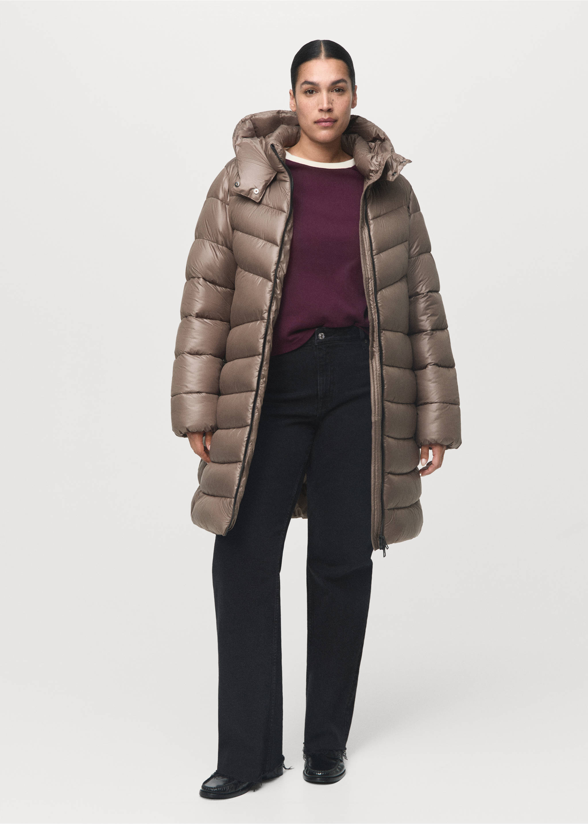 Midi quilted anorak with hood - Details of the article 3, Medium Brown. Ref: 17068265-00.