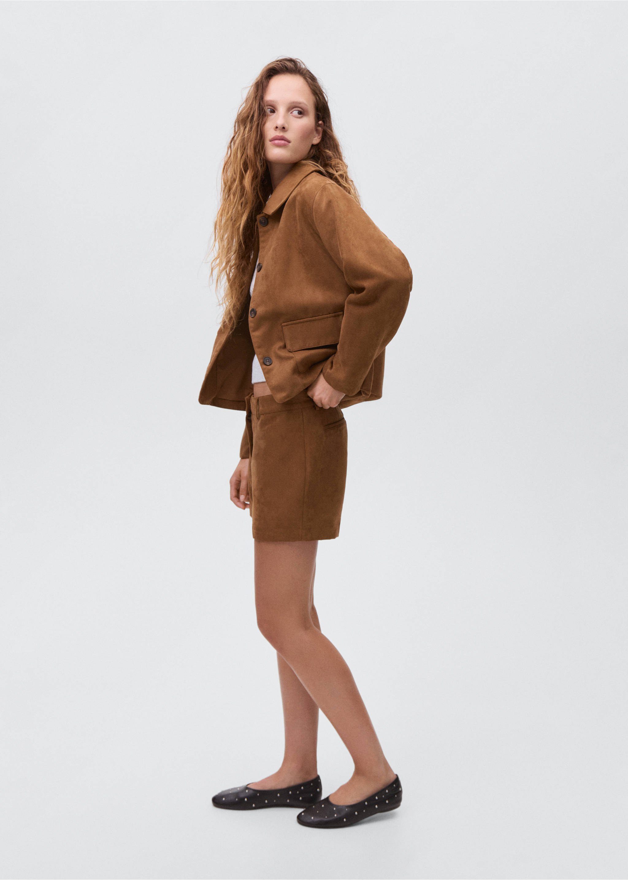 Suede-effect shorts - Details of the article 2, Medium Brown. Ref: 17068267-00.