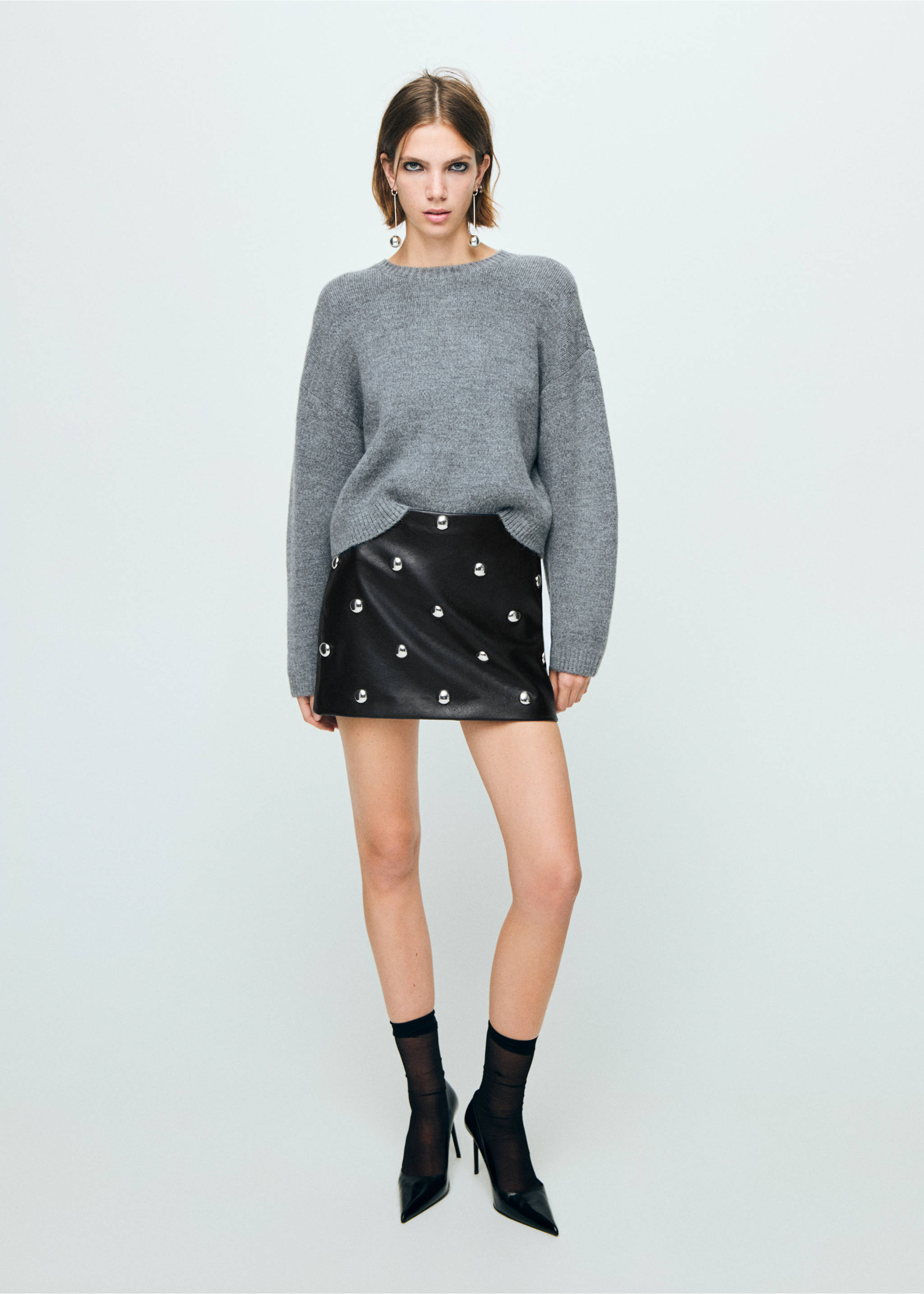 Studded faux-leather skirt - General plane, Black. Ref: 17069109-00.