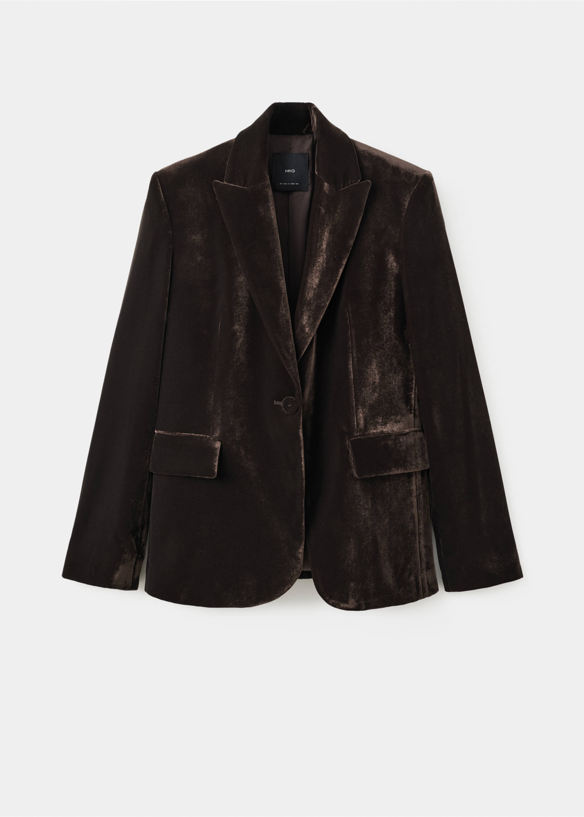 Brown velvet single-breasted blazer with notch lapels and flap pockets., Chocolate. Ref: 17069406-00.
