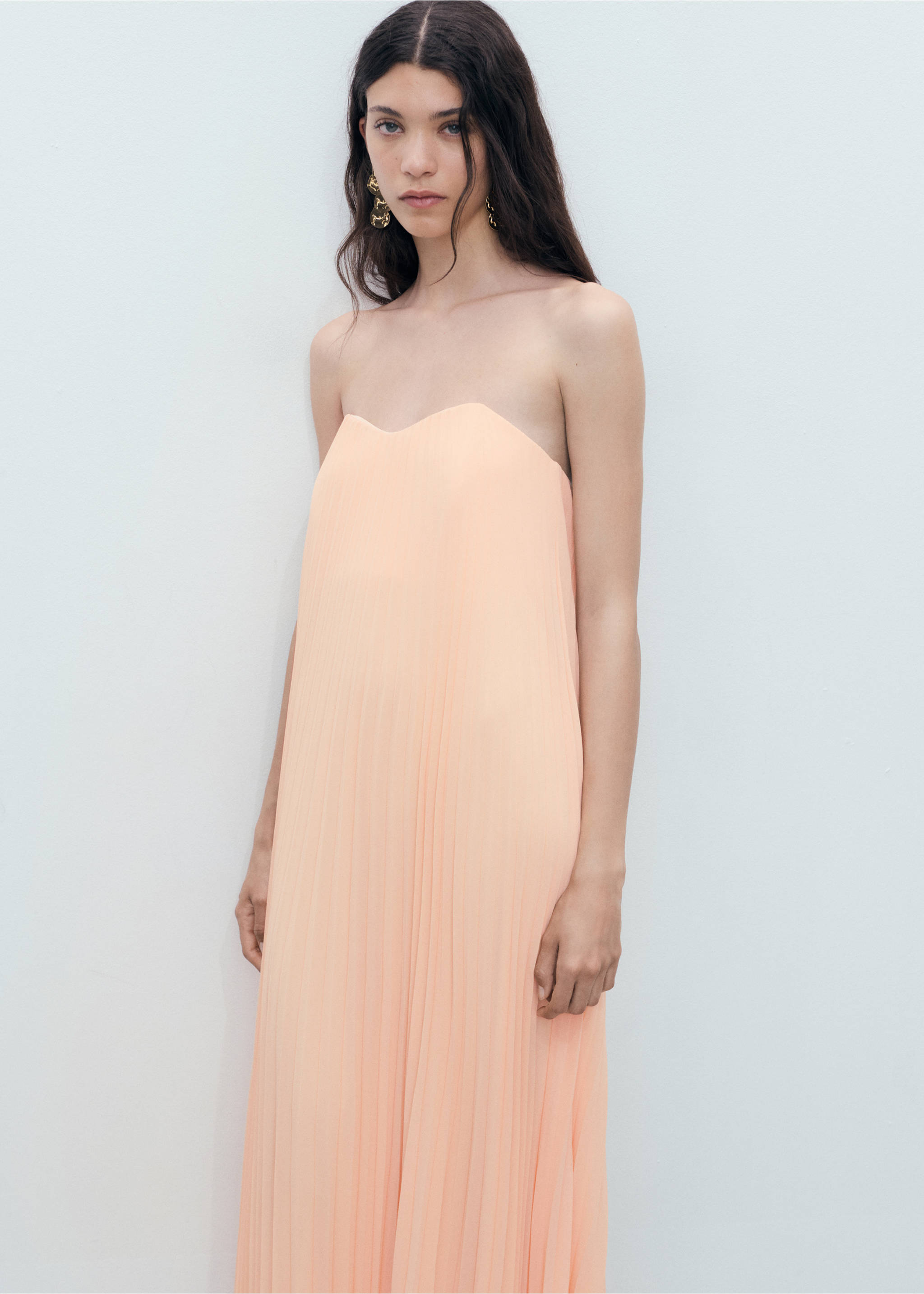 Strapless pleated dress - Medium plane, Coral Red. Ref: 17071123-00.
