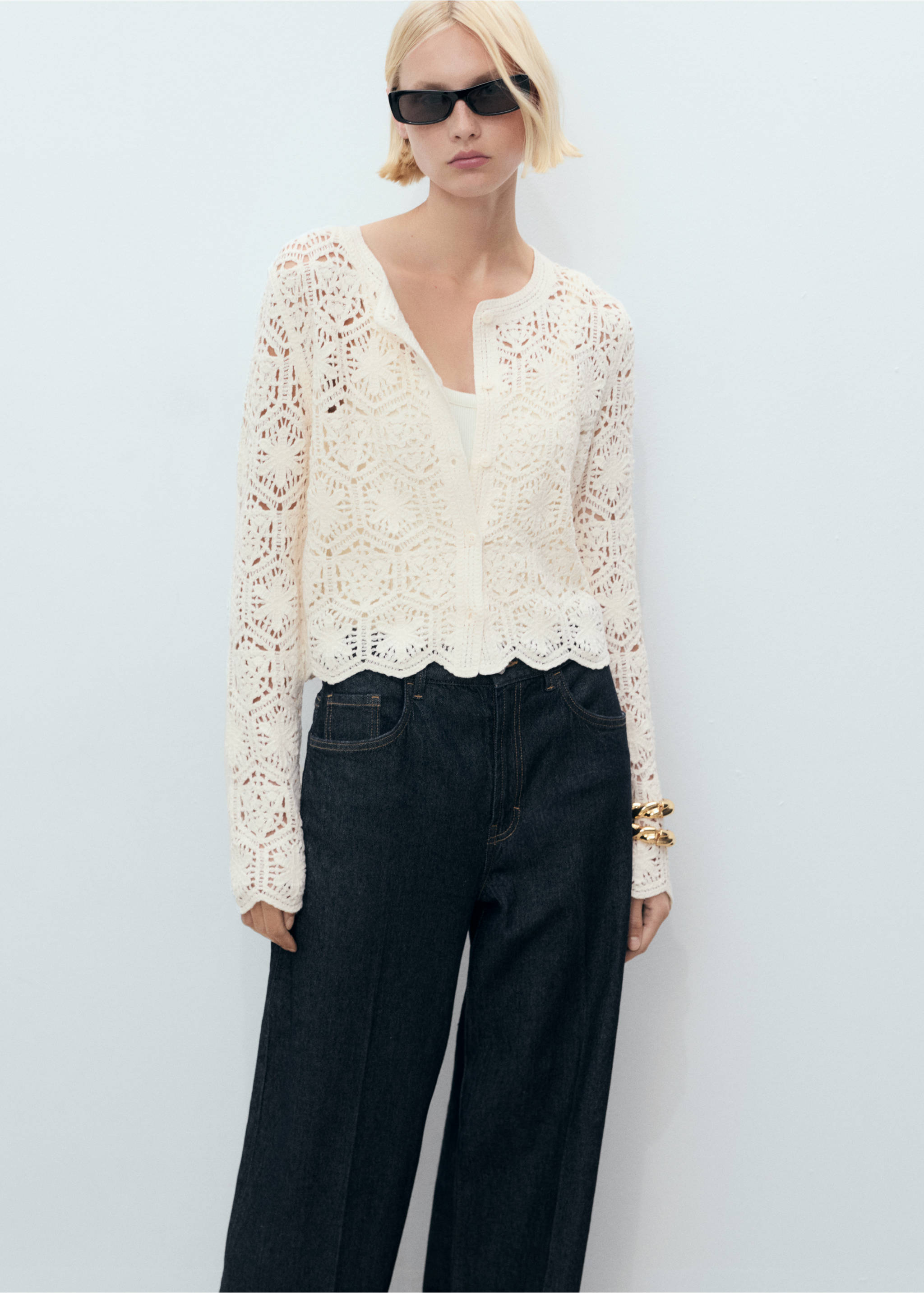 Crochet cardigan with scalloped hem - Medium plane, Ecru. Ref: 17071135-00.