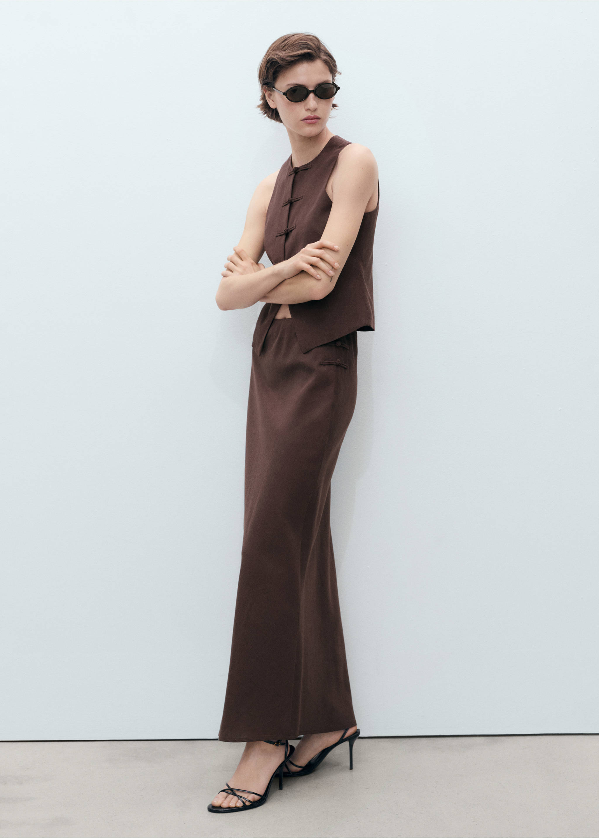 Linen-blend straight skirt - General plane, Chocolate. Ref: 17071141-00.