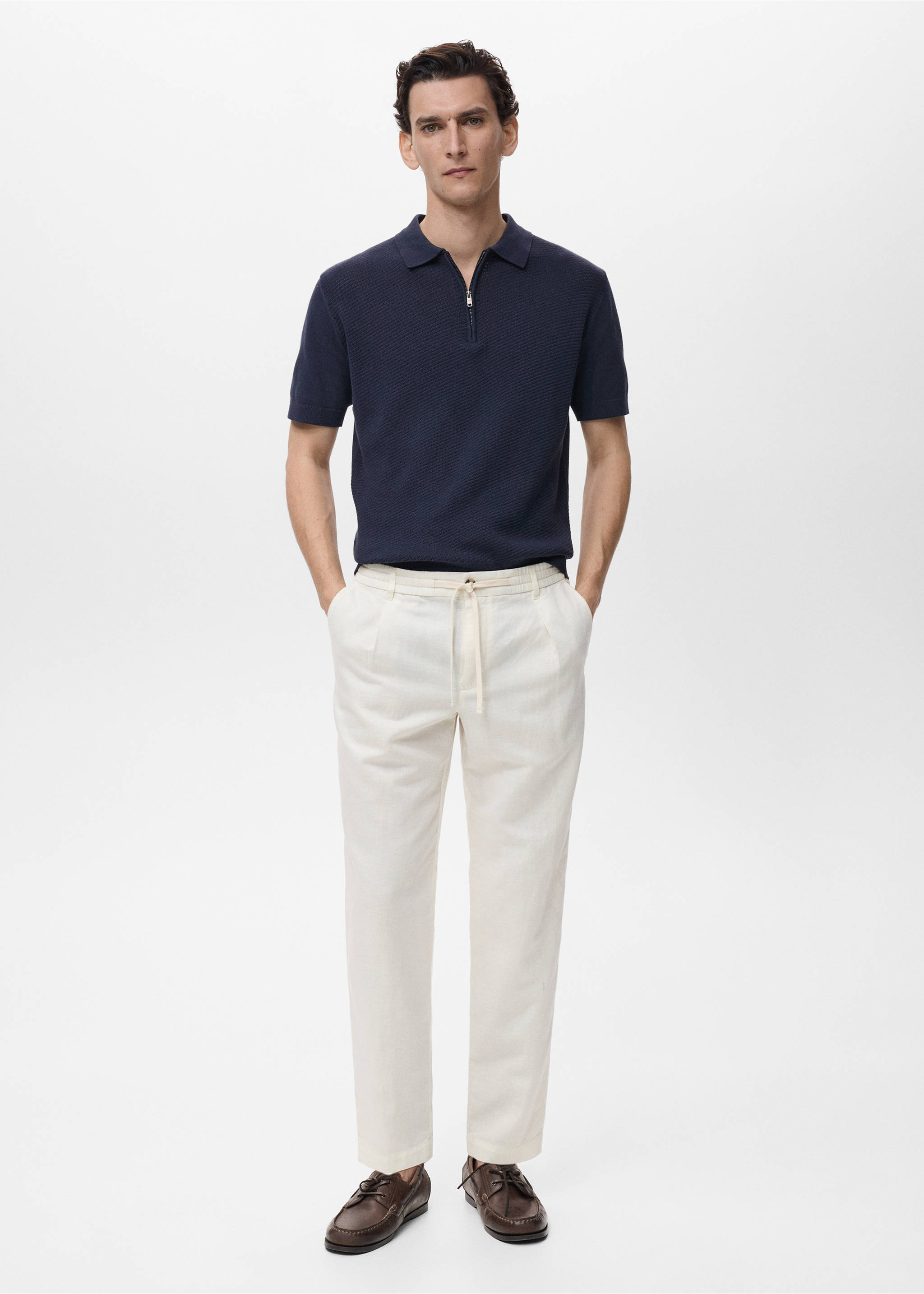 Pantaloni slim fit din in cu șnur - Plan general, Alb. Ref: 17071142-00.