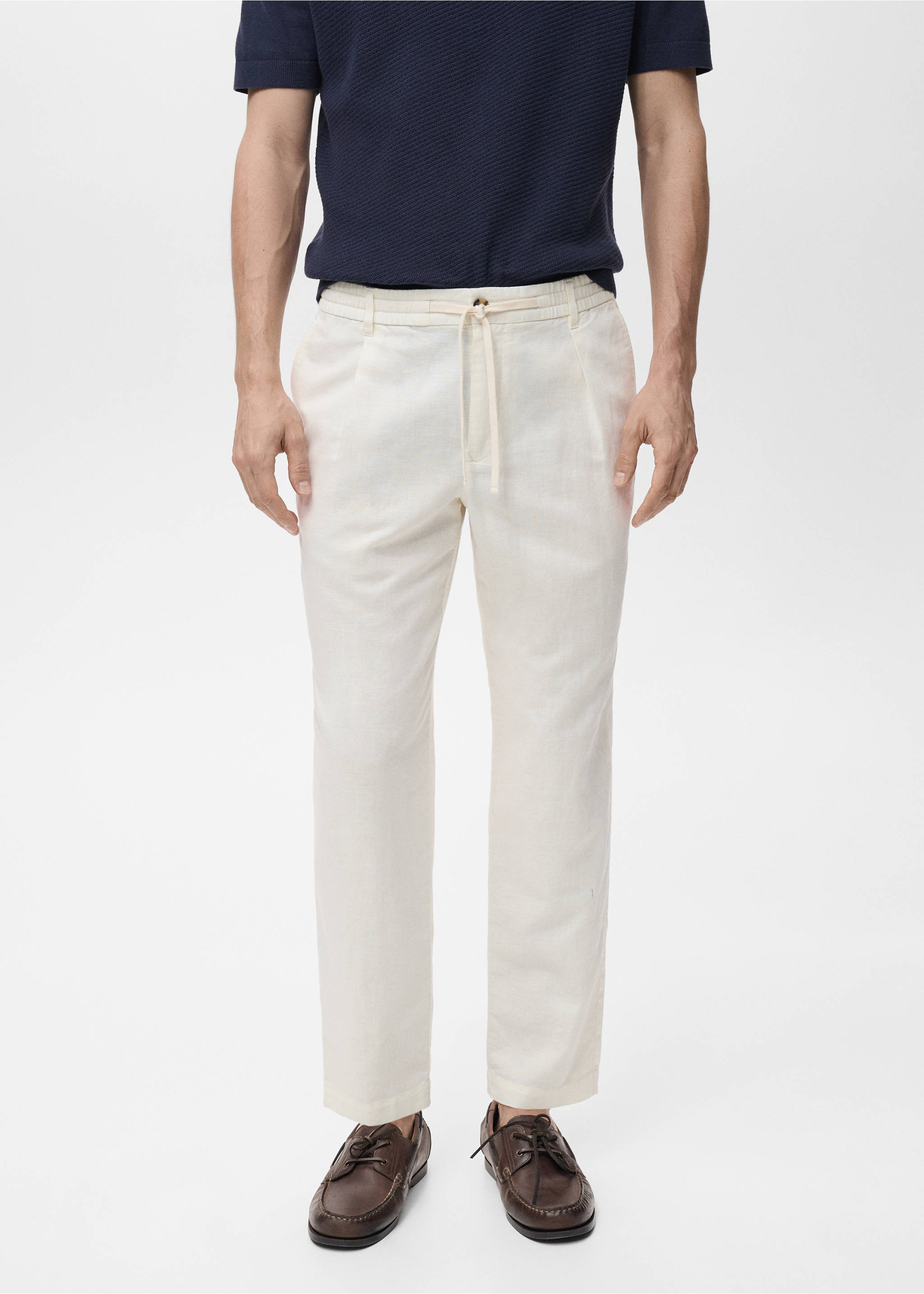 Pantaloni slim fit din in cu șnur - Plan mediu, Alb. Ref: 17071142-00.