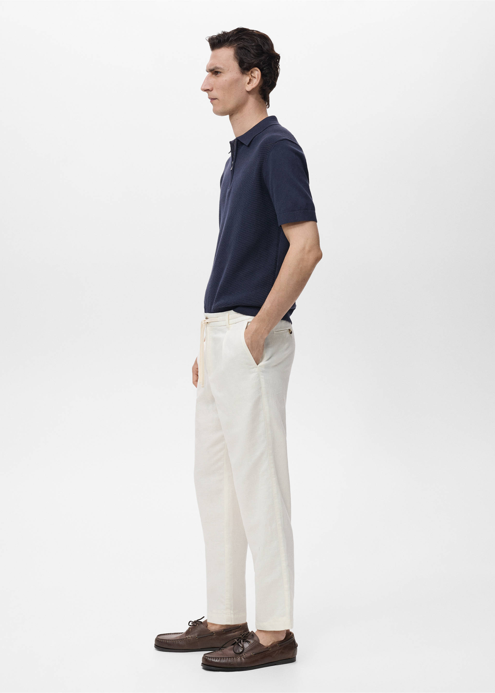Pantaloni slim fit din in cu șnur - Detaliu al articolului 2, Alb. Ref: 17071142-00.