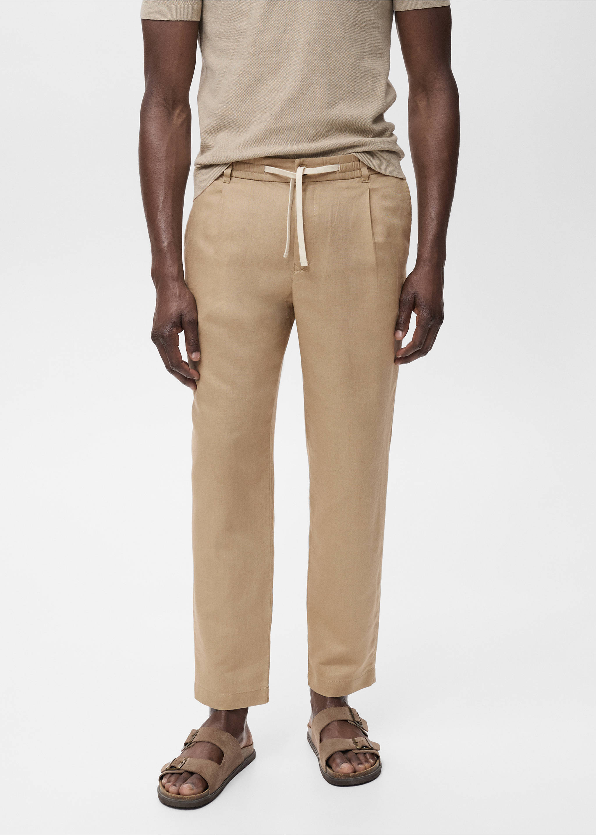 Slim Fit-Leinenhose mit Kordel - Mittlere Ansicht, Beige. Ref: 17071142-00.