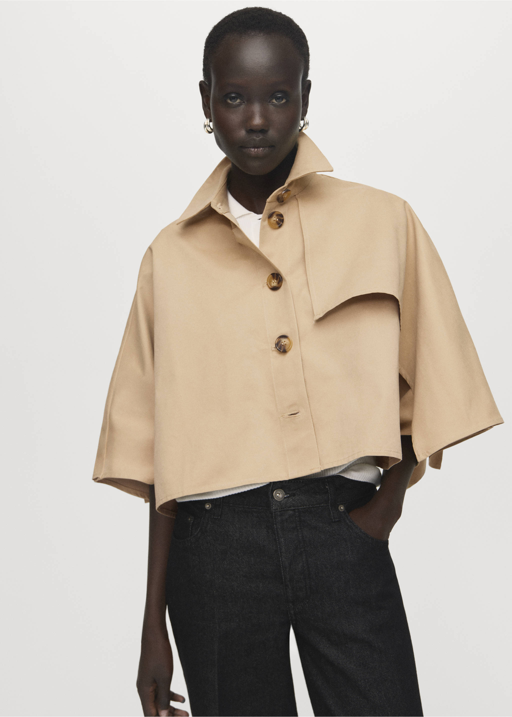 Cape-style cropped trench coat - Medium plane, Medium Brown. Ref: 17071143-00.