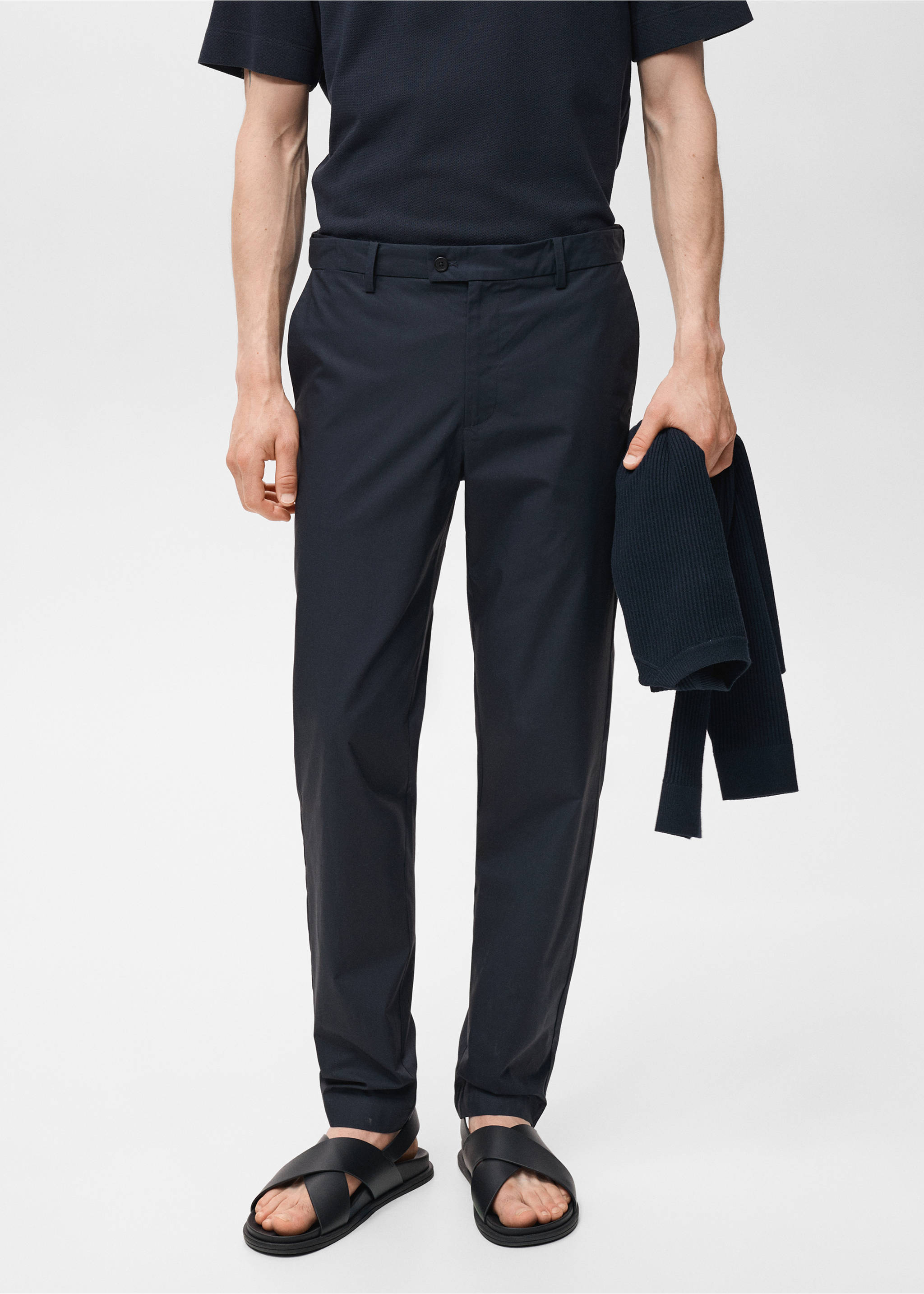 100% slim-fit cotton trousers - Details of the article 1, Navy. Ref: 17071161-00.