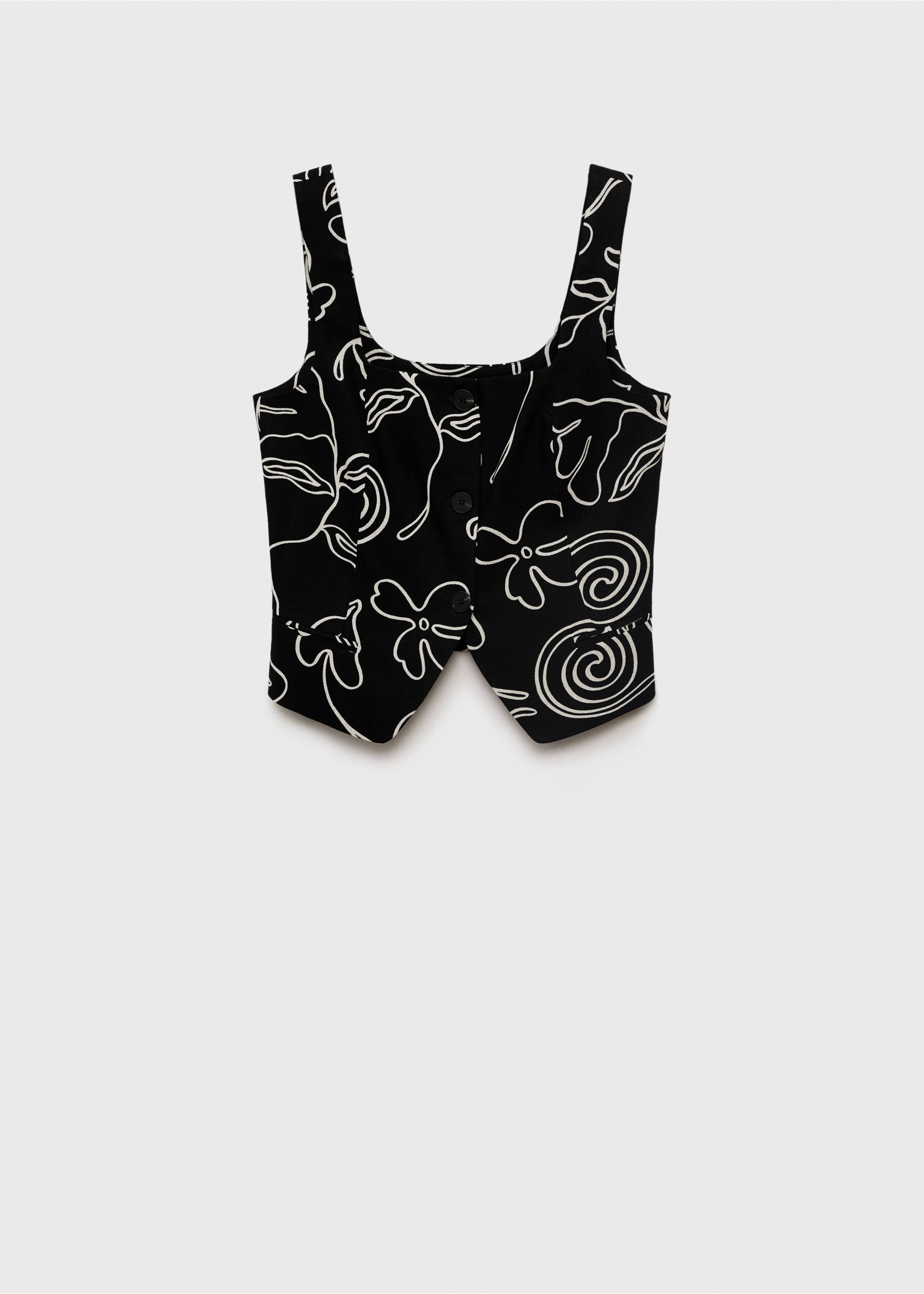 Colete de fato de linho com estampado floral - Artigo sem modelo, Preto. Ref: 17071163-00.