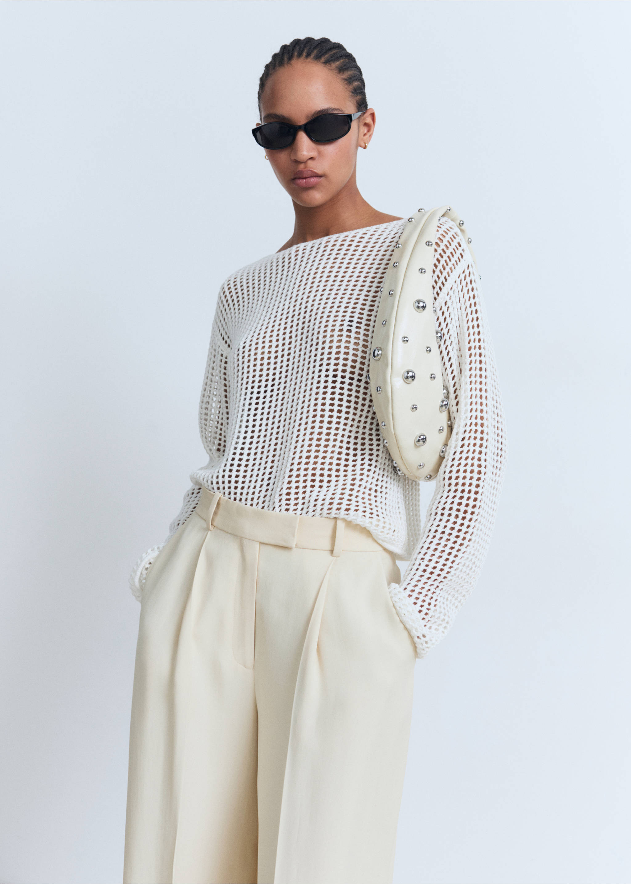 Long-sleeved crochet sweater - Medium plane, White. Ref: 17071196-00.