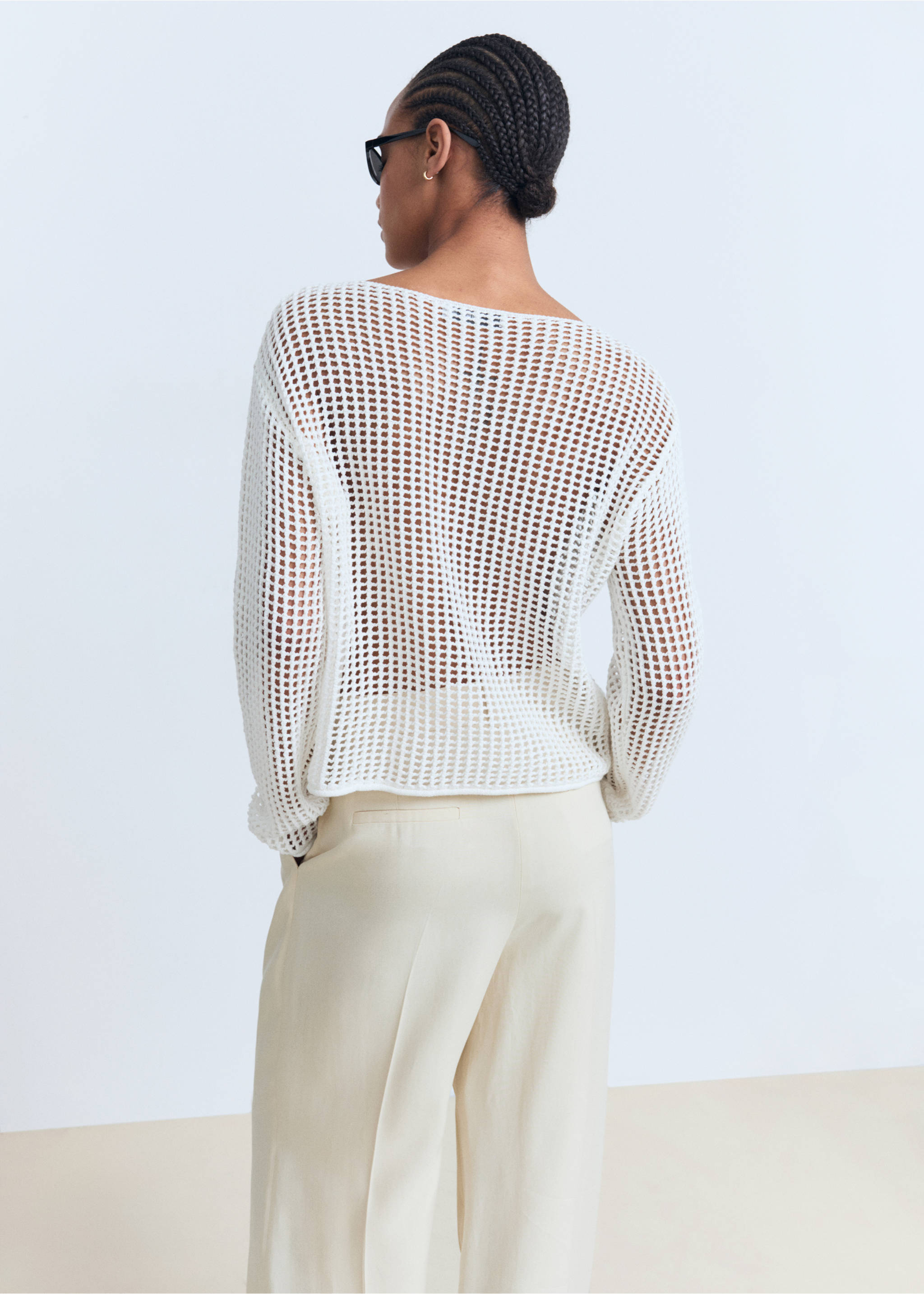 Long-sleeved crochet sweater - Reverse of the article, White. Ref: 17071196-00.