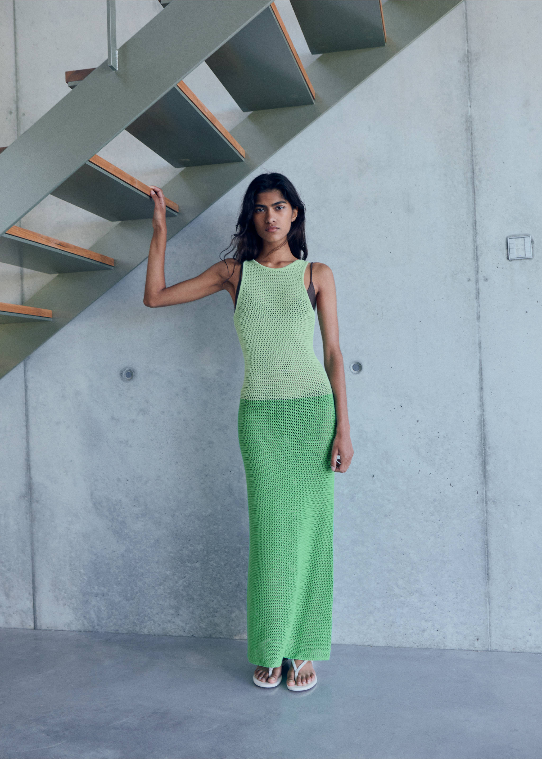 Long two-tone crochet dress - General plane, Green. Ref: 17071218-00.