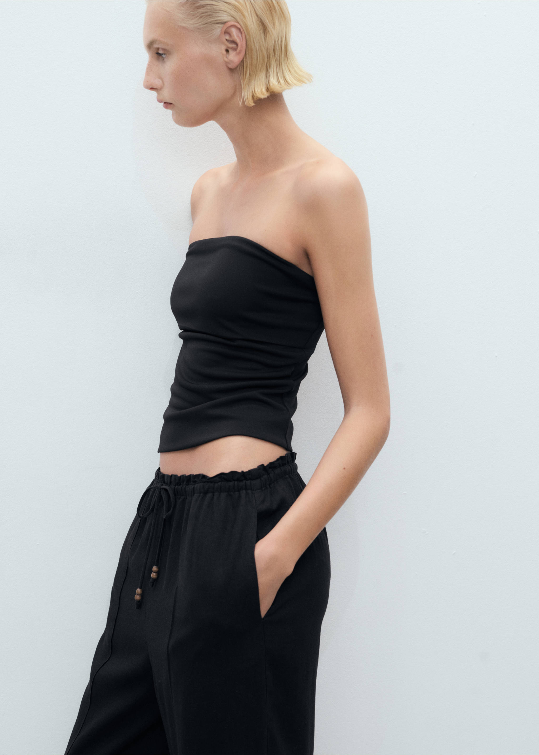 Linen-blend elastic waist trousers - Details of the article 1, Black. Ref: 17071224-00.