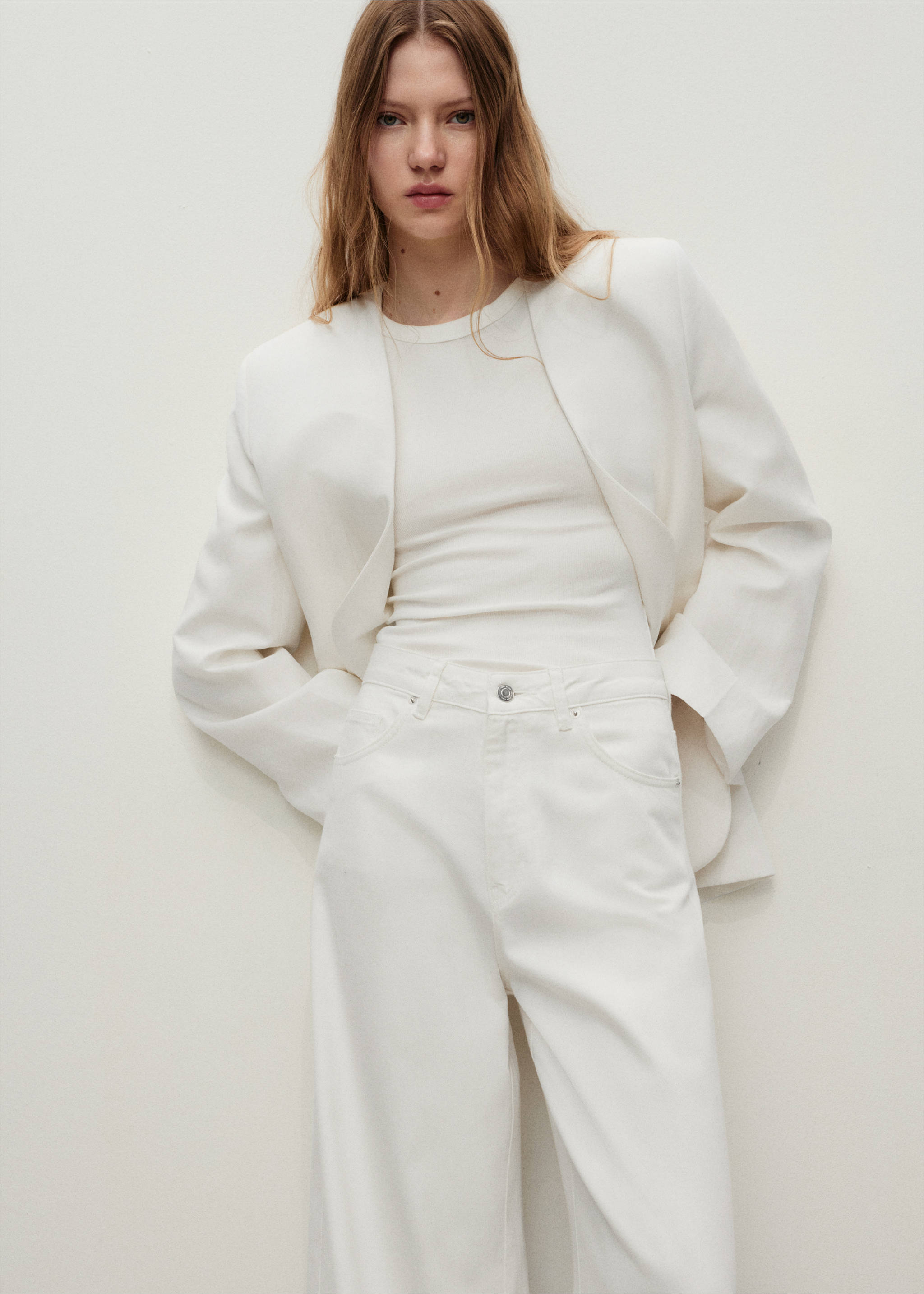 High-waisted wideleg jeans - Details of the article 1, White. Ref: 17071270-00.