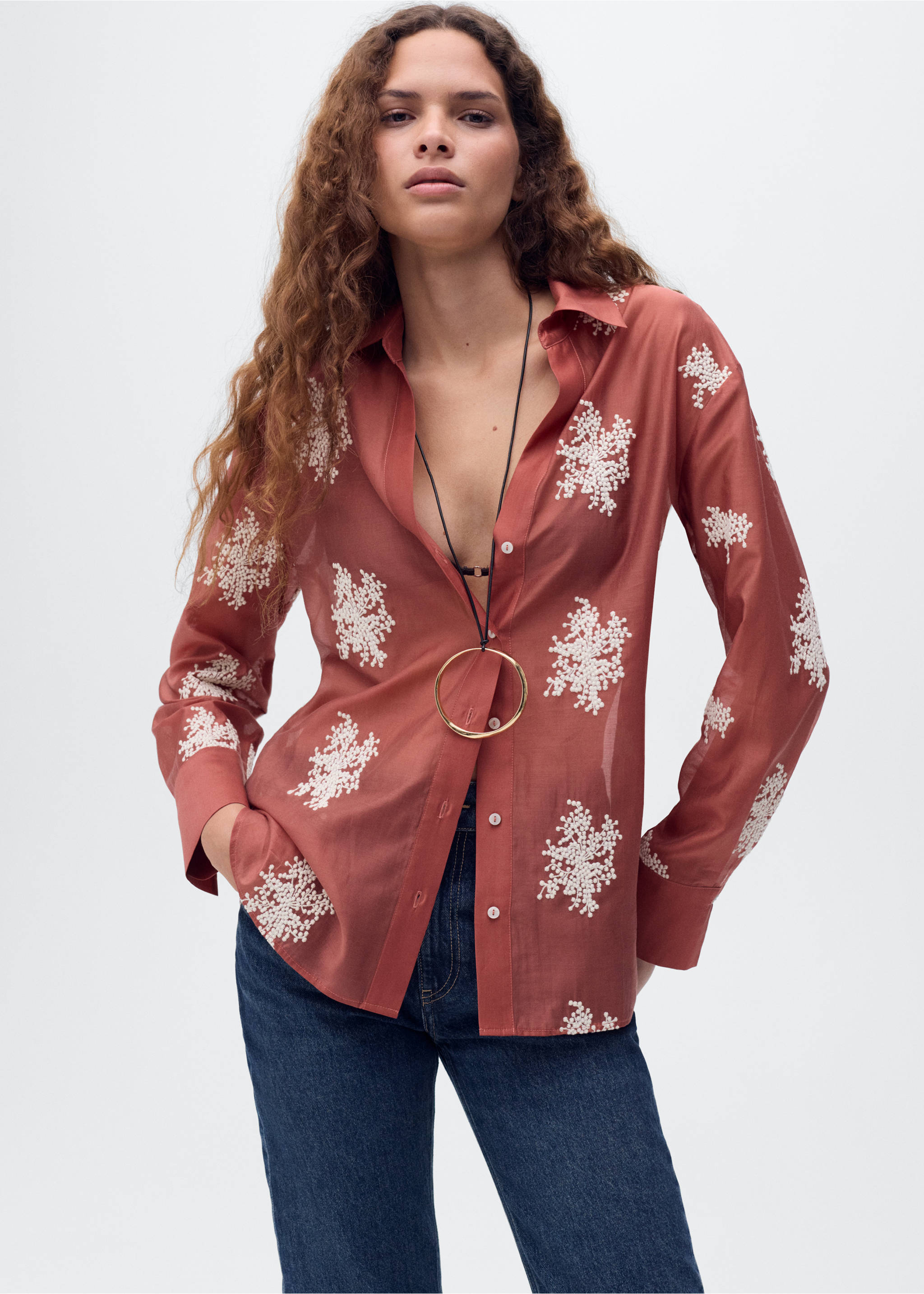 Embroidered lyocell shirt - Medium plane, Russet. Ref: 17071284-00.