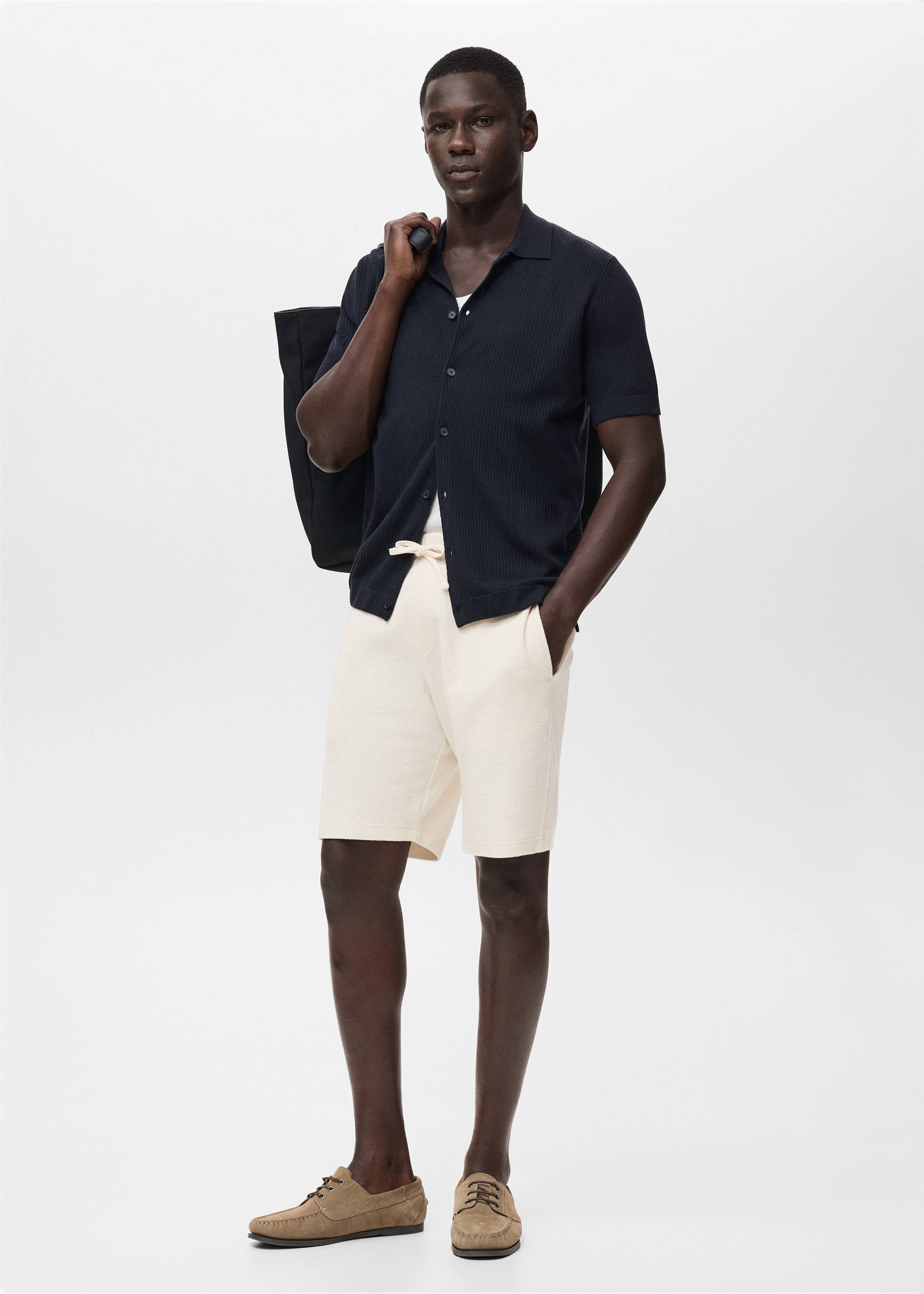 Textured cotton bermuda shorts with drawstring - General plane, Ecru. Ref: 17071290-00.