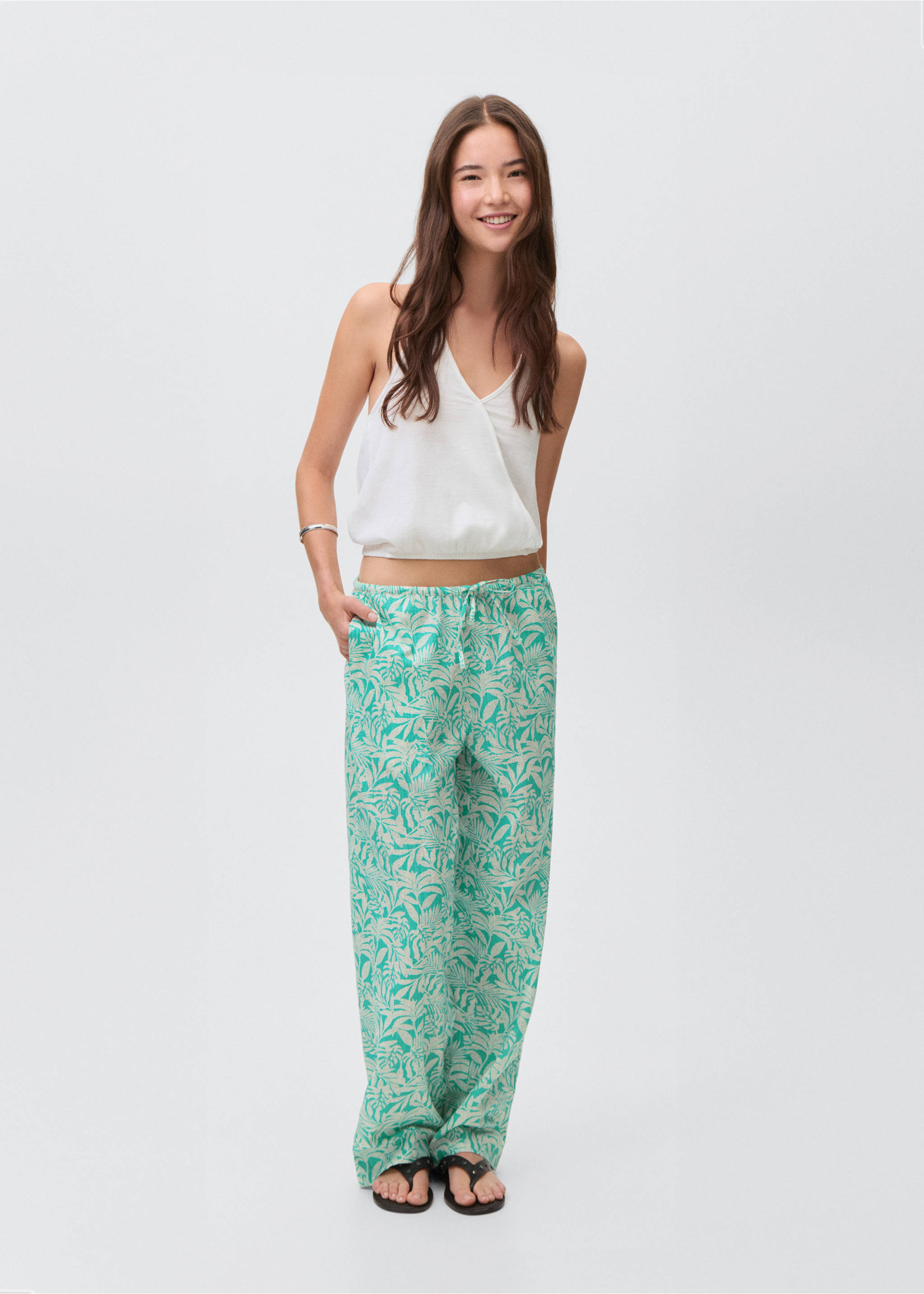 Cotton trousers with leaf pattern - General plane, Turquoise. Ref: 17071513-00.