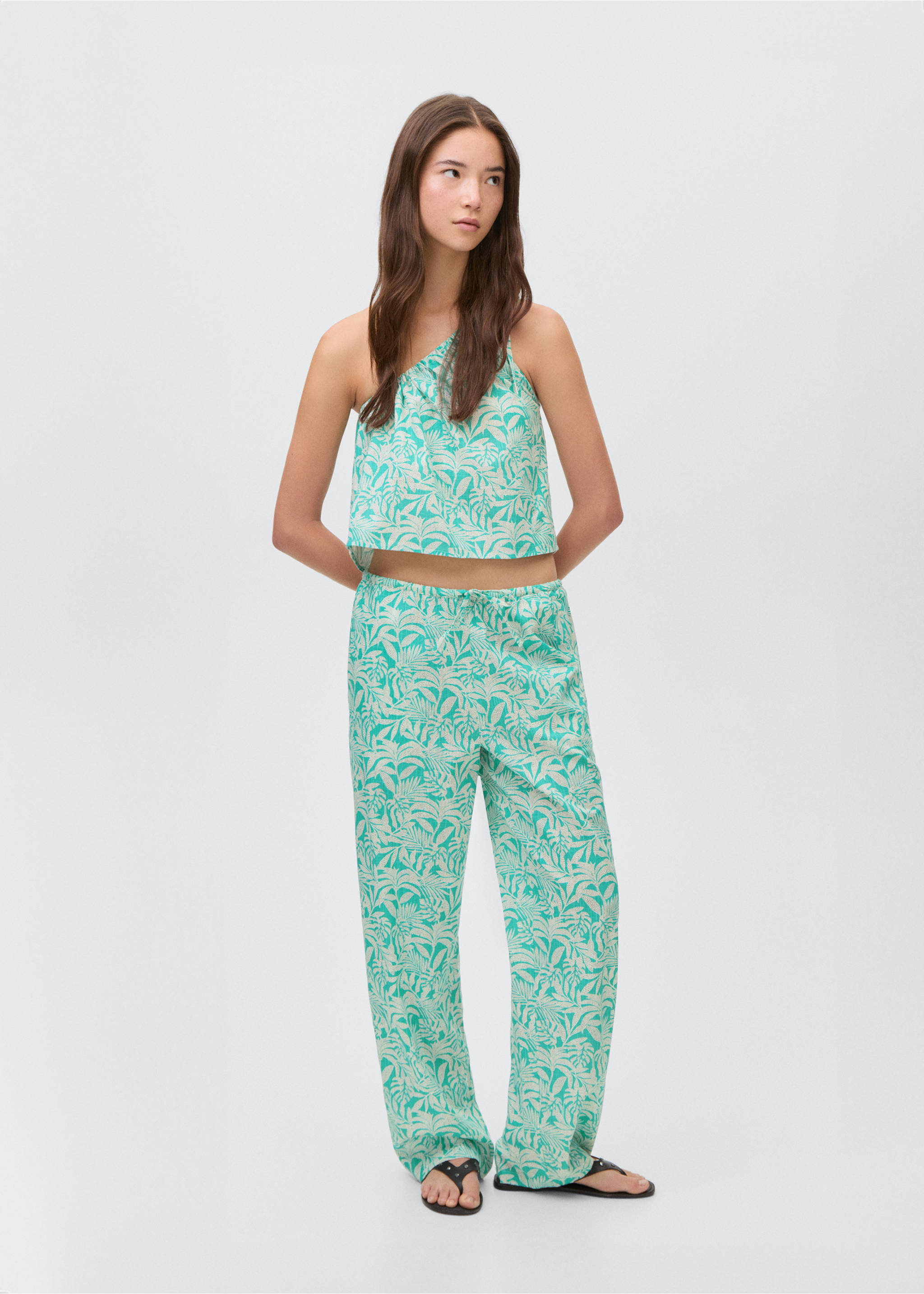 Cotton trousers with leaf pattern - Details of the article 2, Turquoise. Ref: 17071513-00.