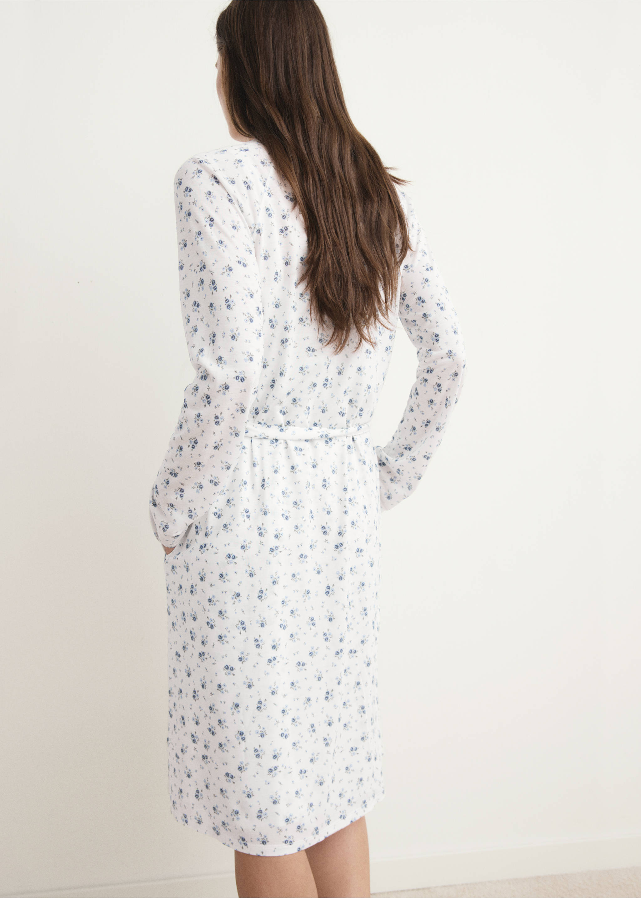 Floral-print dressing gown with lace trim - Reverse of the article, White. Ref: 17071524-00.