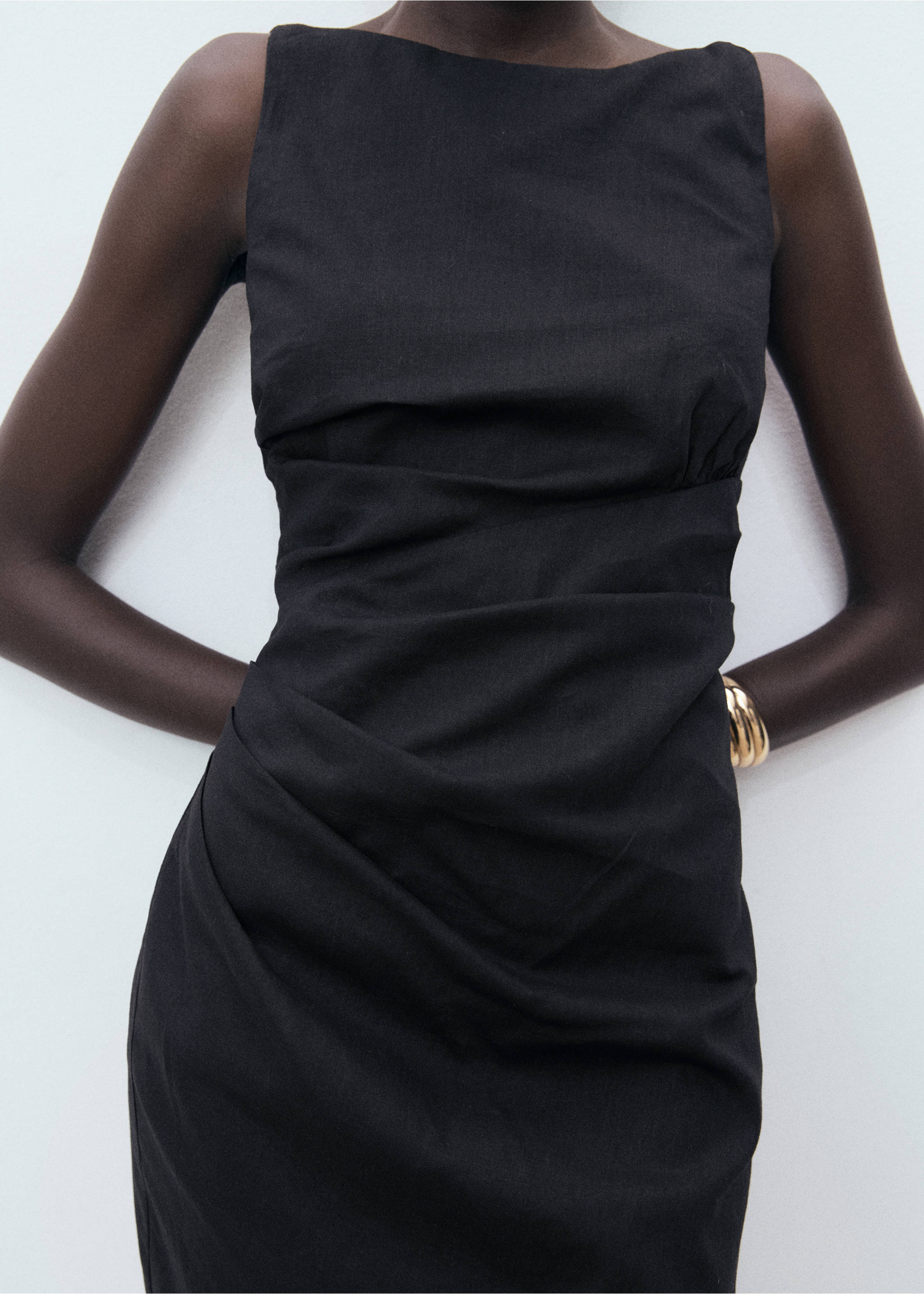 Draped linen dress - Details of the article 3, Black. Ref: 17072536-00.