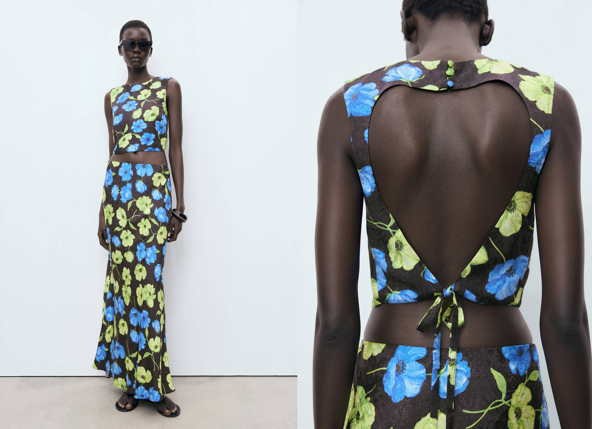 Floral-print open-back cropped blouse - Panoramic plane