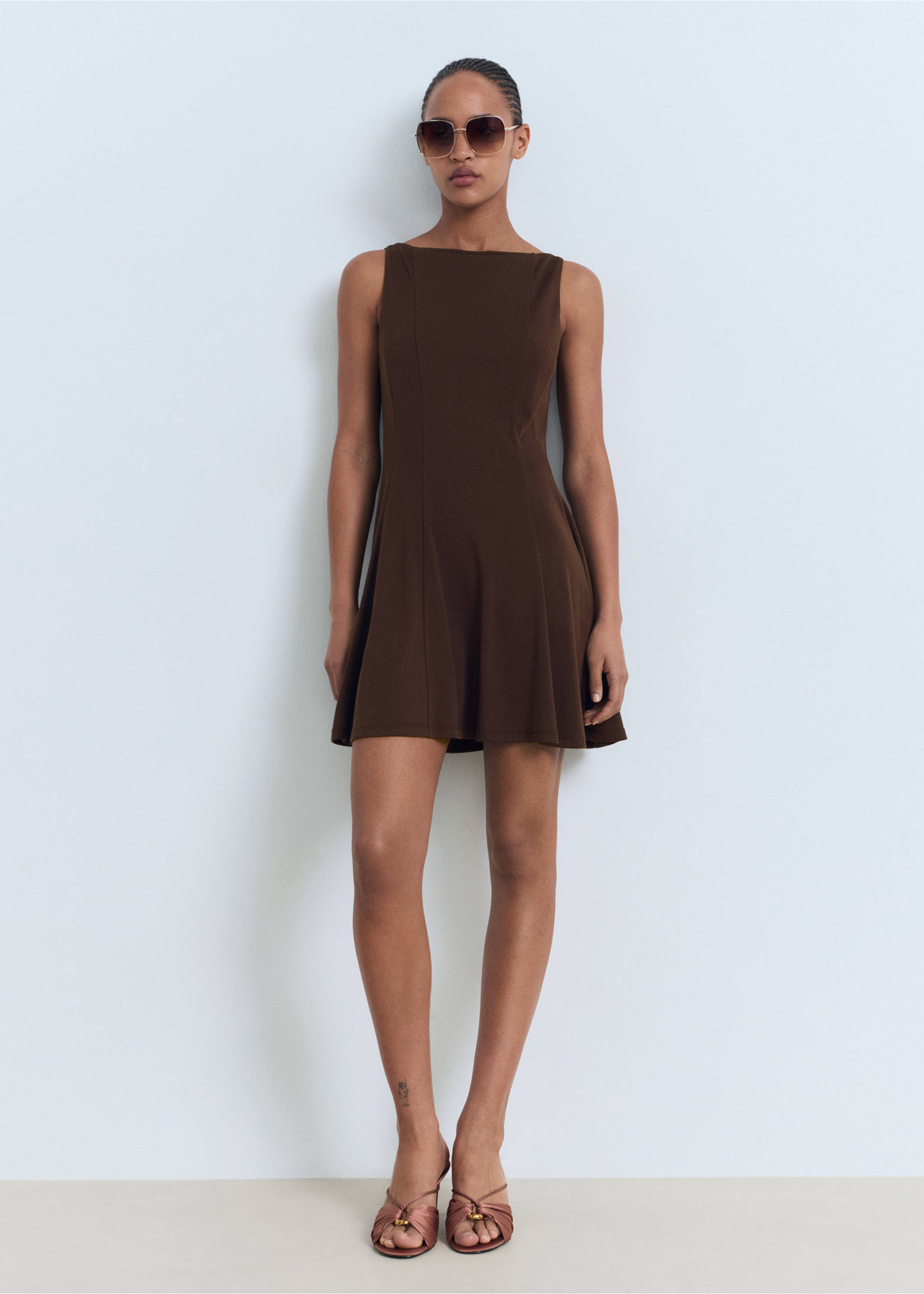 Pleated A-line dress - General plane, Chocolate. Ref: 17072909-00.