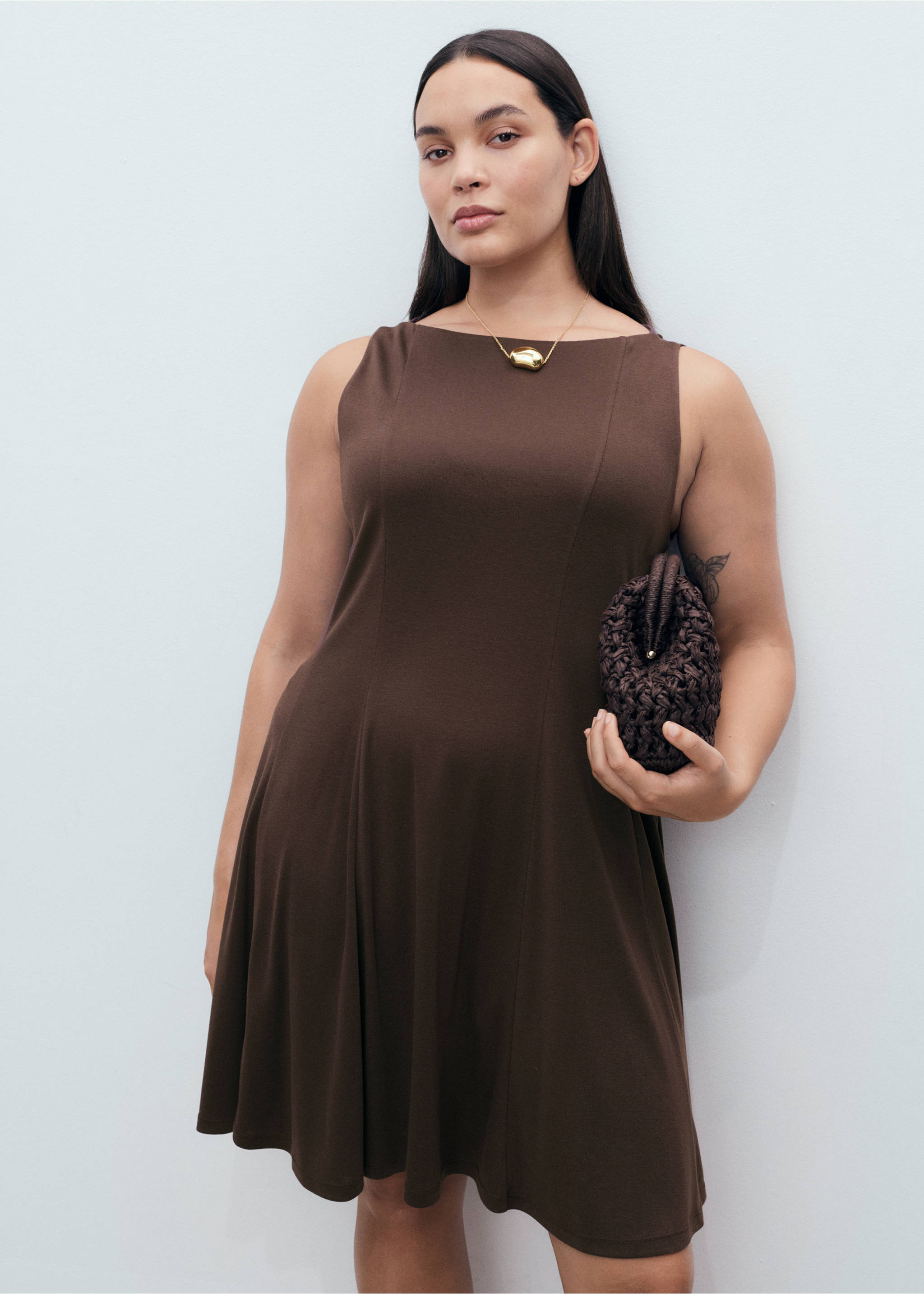 Pleated A-line dress - Details of the article 5, Chocolate. Ref: 17072909-00.