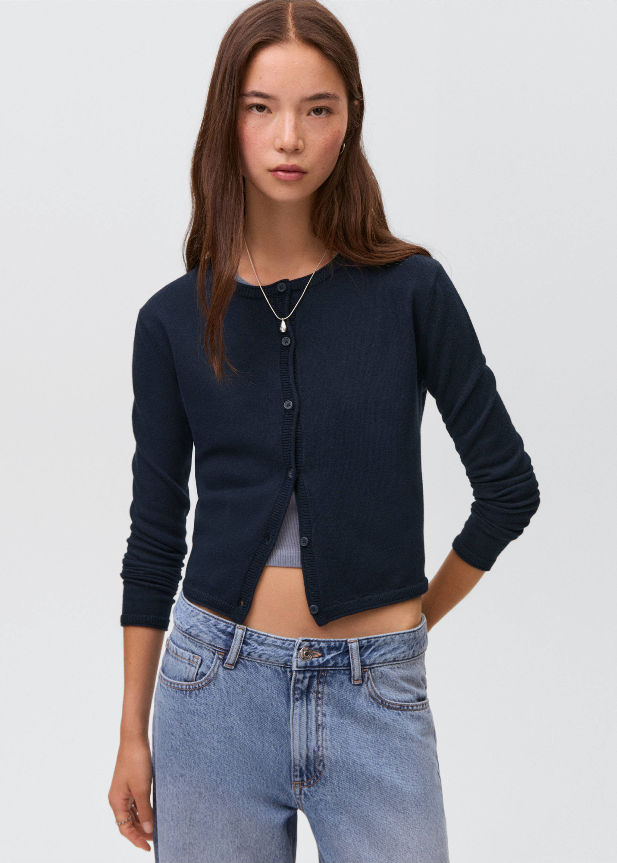 Knitted button cardigan - Medium plane, Navy. Ref: 17073273-00.