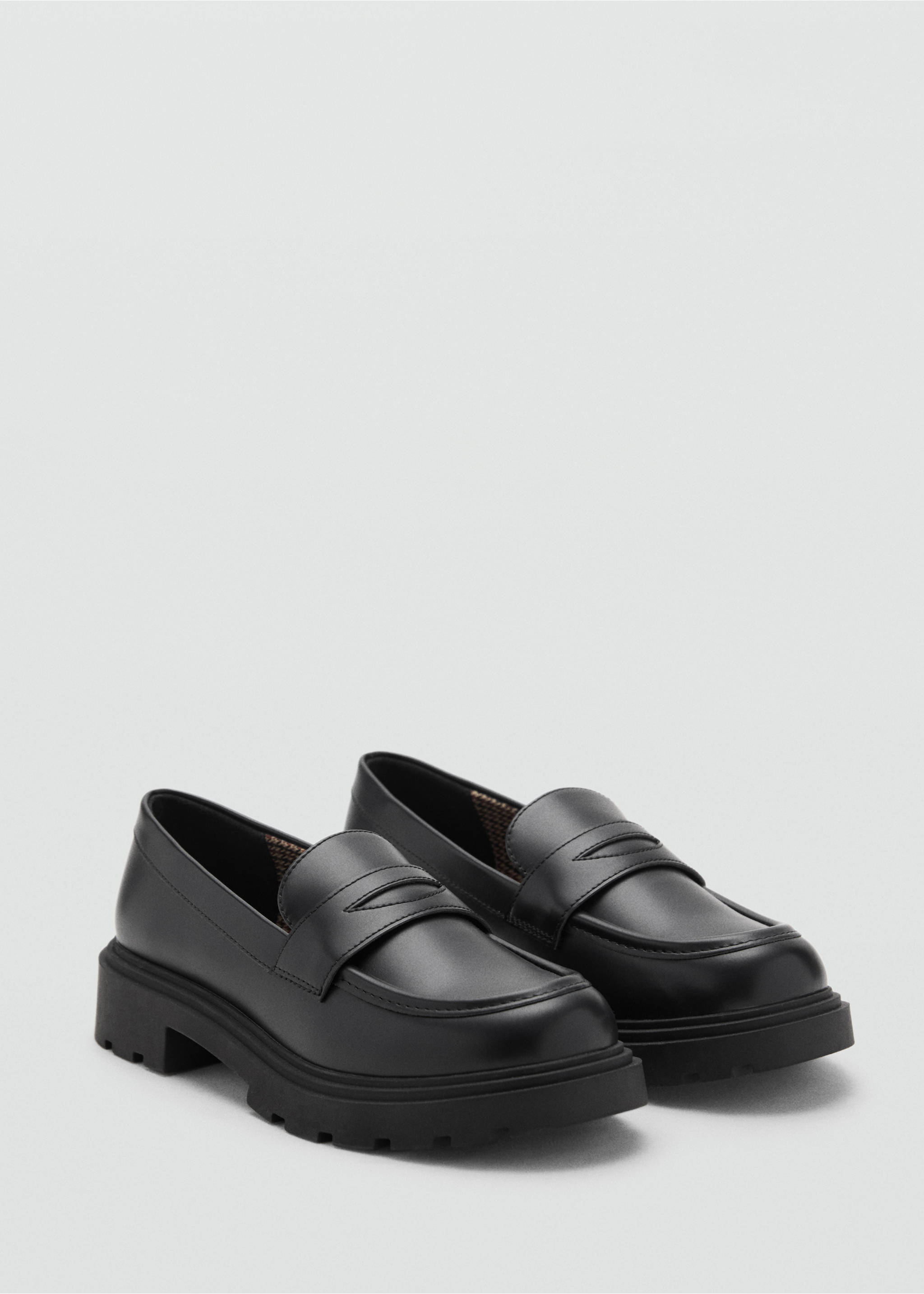Black children's loafers with penny straps and chunky ridged soles., Black. Ref: 17073288-00.