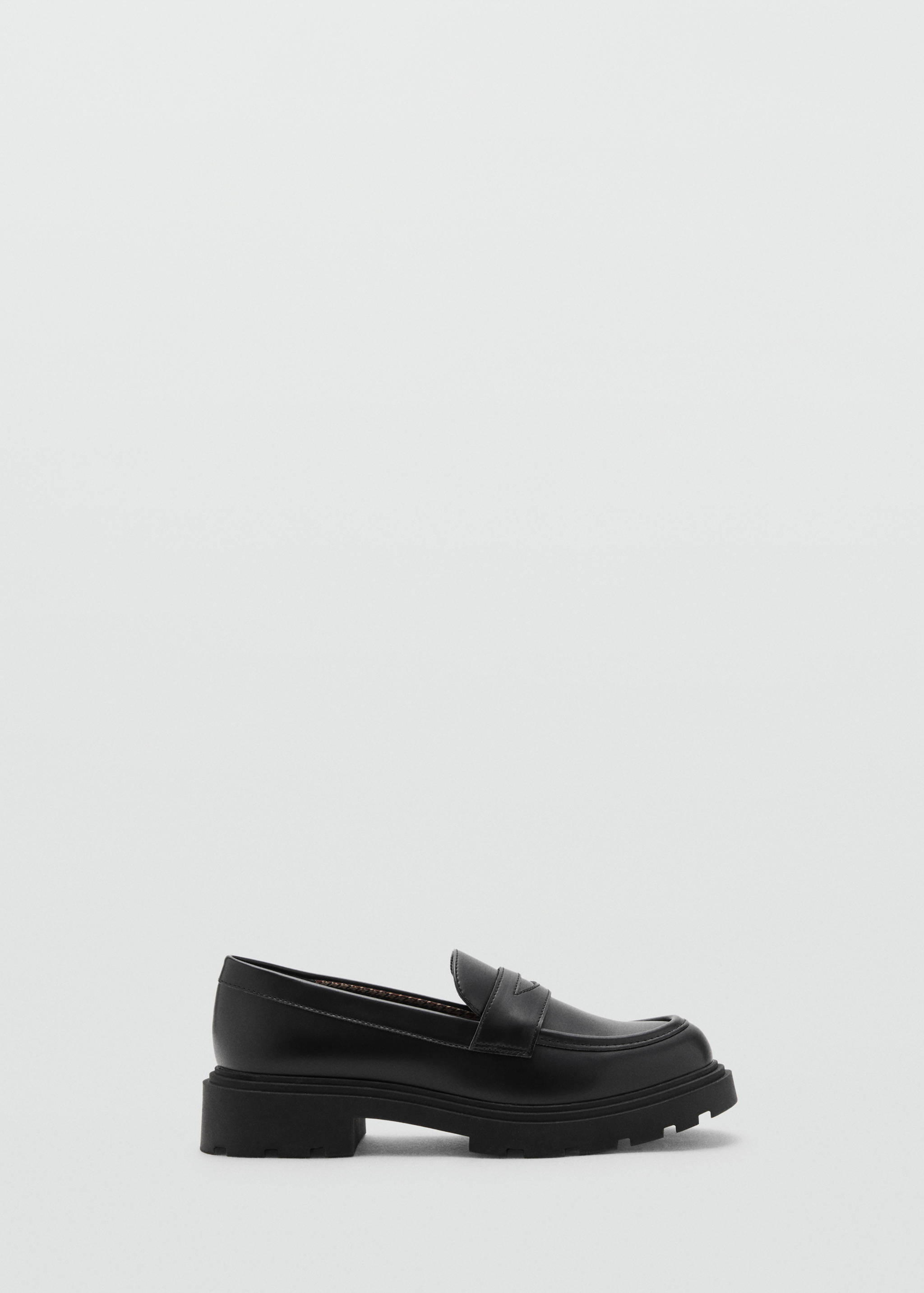 Black leather loafers with a chunky ridged sole.