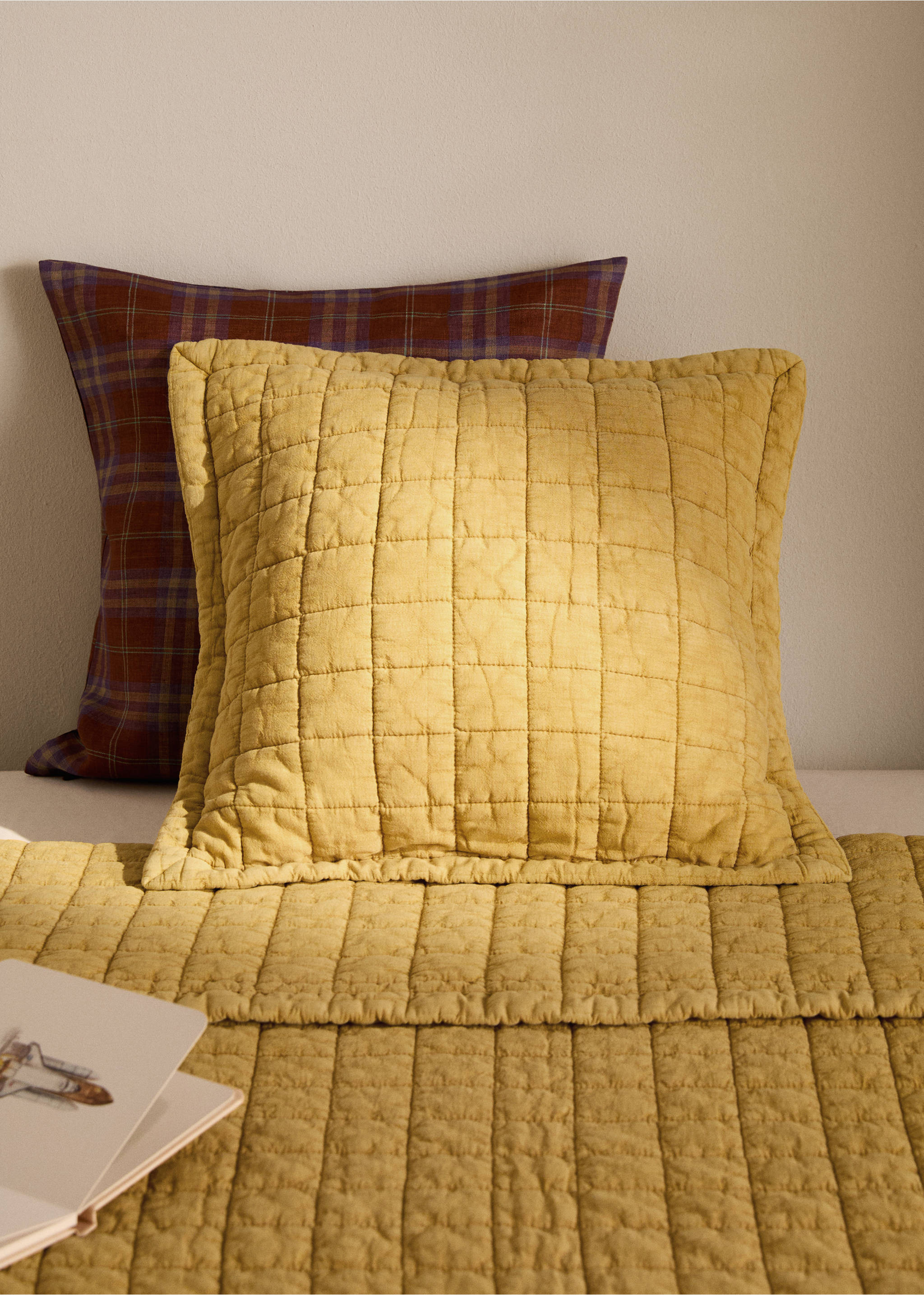 Washed cotton plaid children's bed cushion cover 40x40 cm - General plane, Mustard. Ref: 17073826-00.