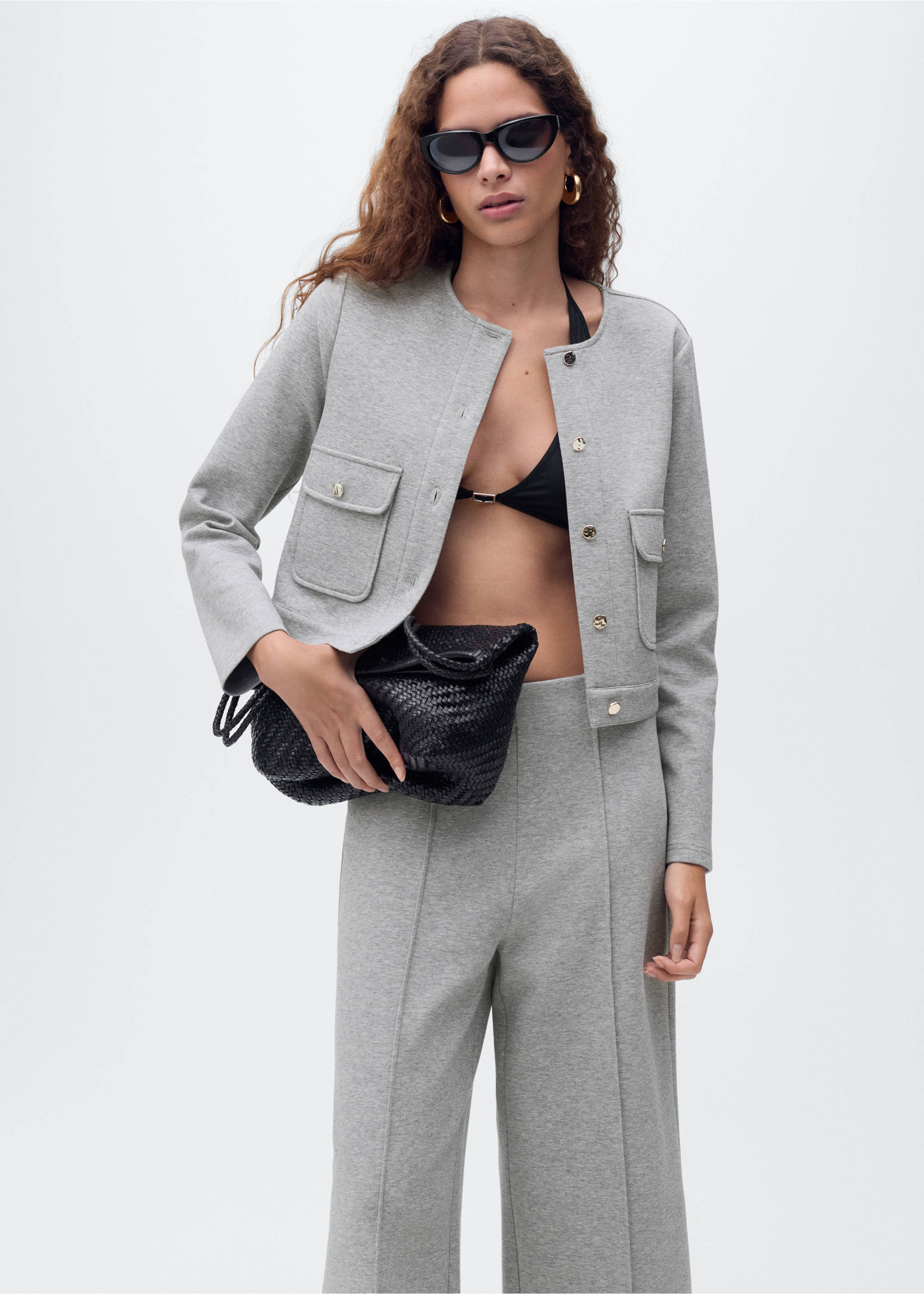 Cotton cropped jacket with pockets - Medium plane, Medium Heather Grey. Ref: 17074074-00.