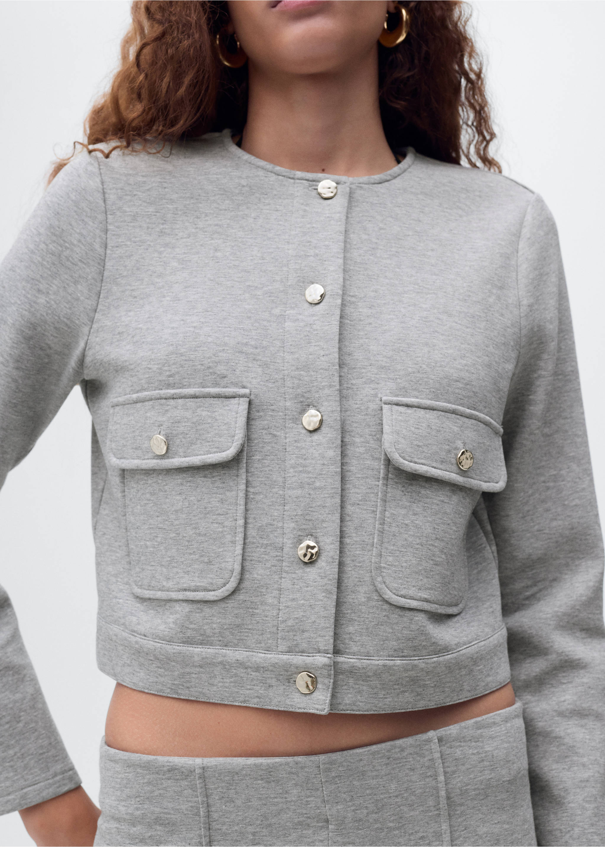 Cotton cropped jacket with pockets - Details of the article 6, Medium Heather Grey. Ref: 17074074-00.