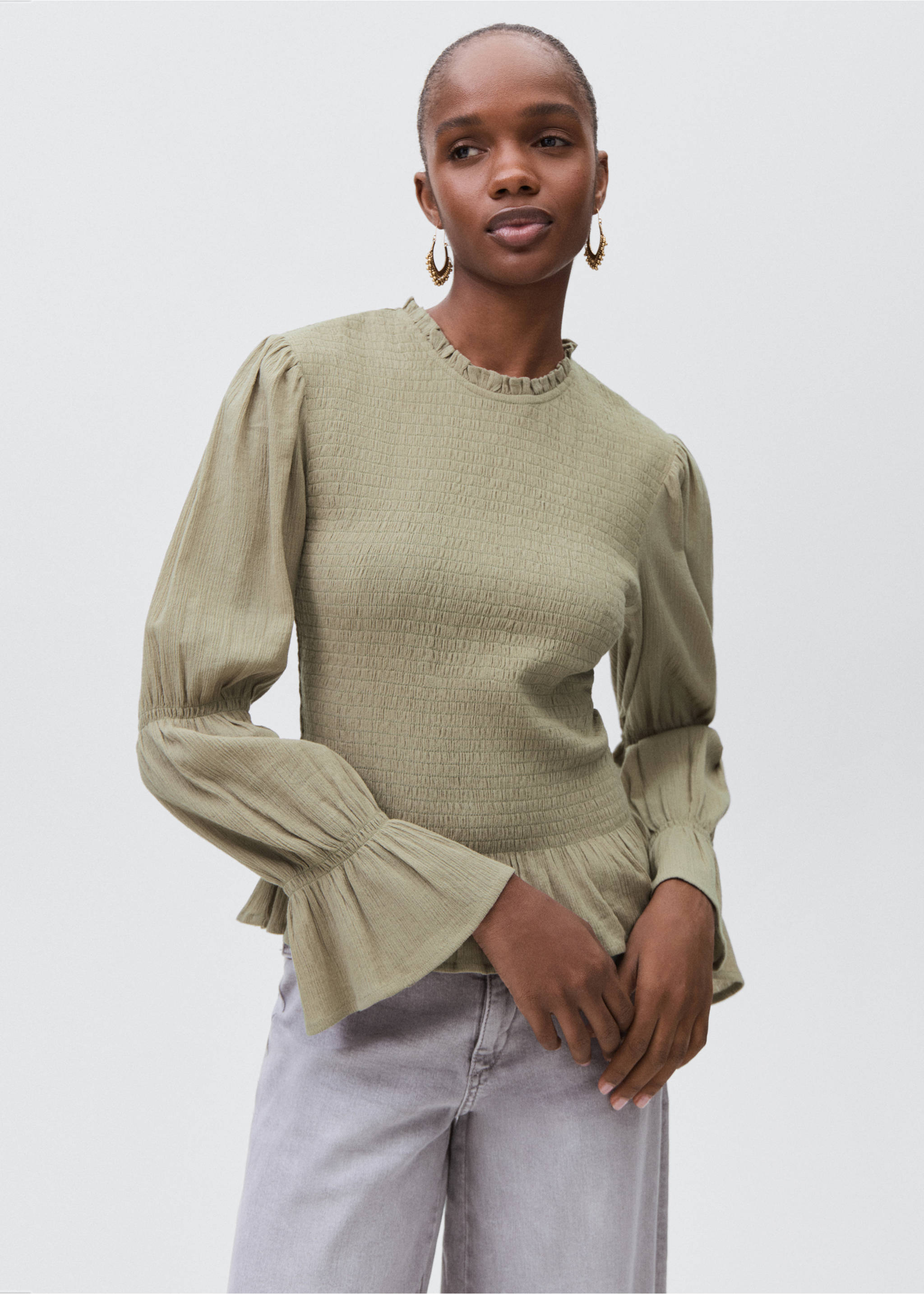 Ruched blouse with ruffles - Medium plane, Medium Green. Ref: 17074077-00.