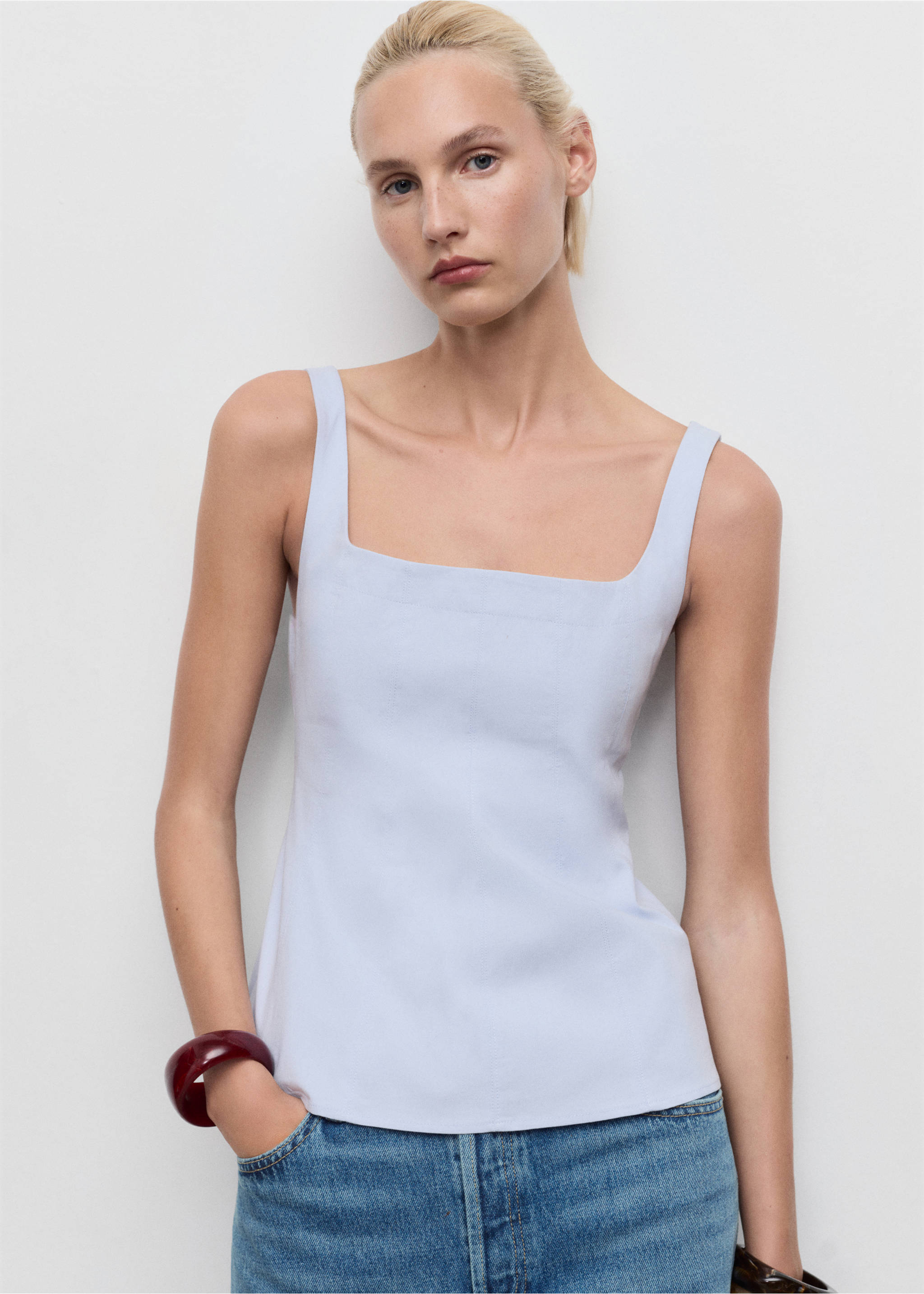 Top evazat din bumbac - Plan mediu, Albastru celest. Ref: 17074078-00.