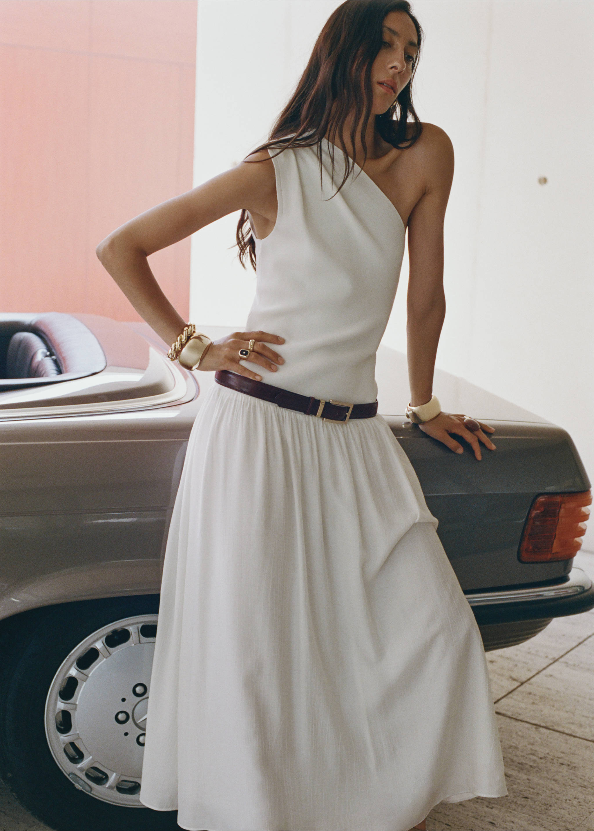 Asymmetrical combined knitted dress - Details of the article 3, Ecru. Ref: 17074081-00.
