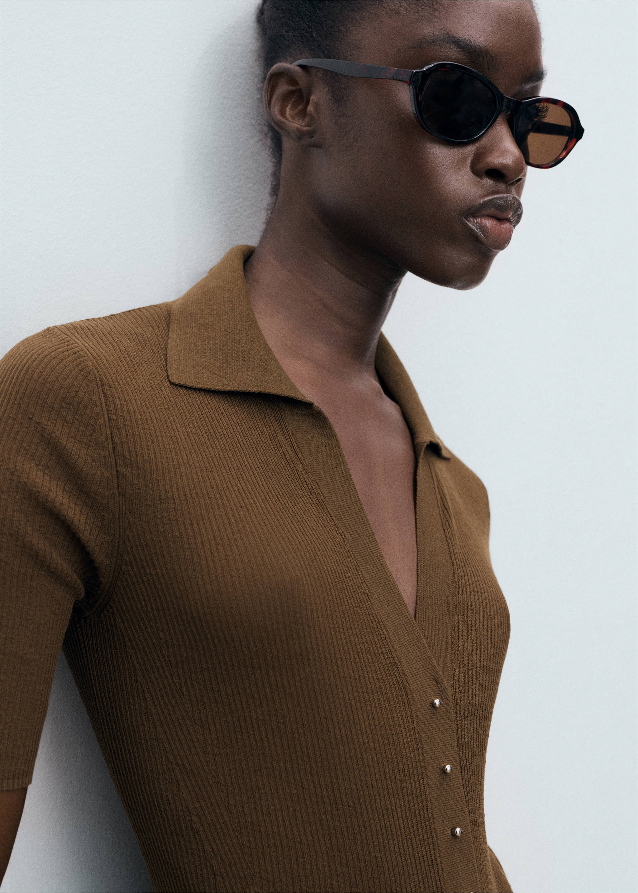 Ribbed polo-neck sweater - Details of the article 1, Chocolate. Ref: 17074102-00.