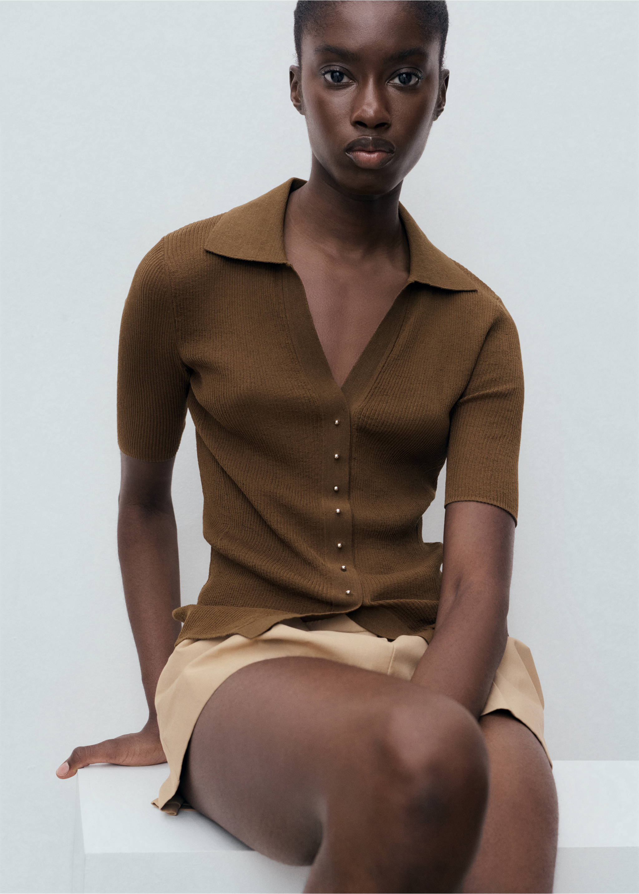 Ribbed polo-neck sweater - Details of the article 2, Chocolate. Ref: 17074102-00.