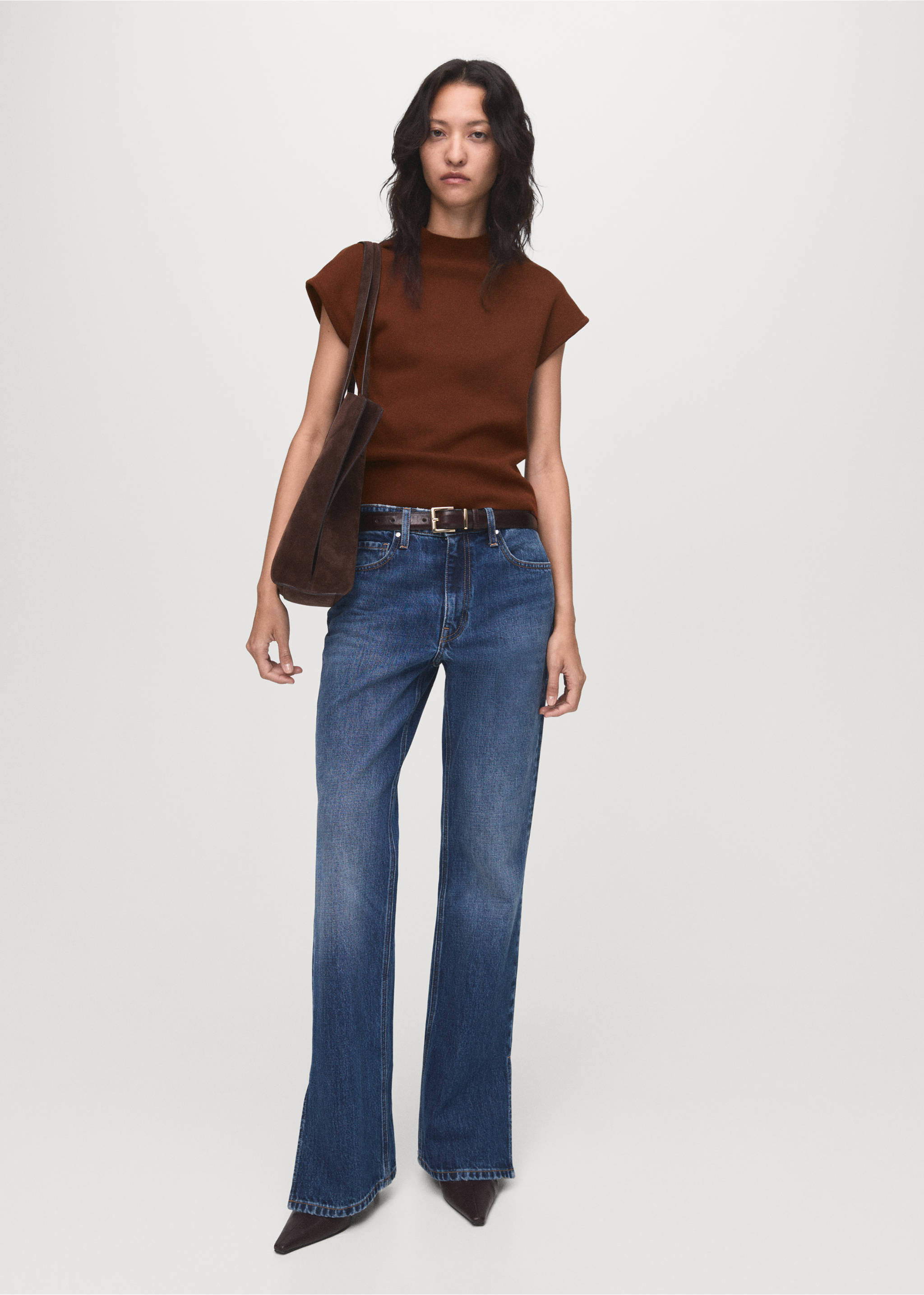 Short-sleeved fine-knit sweater - General plane, Brown. Ref: 17074129-00.