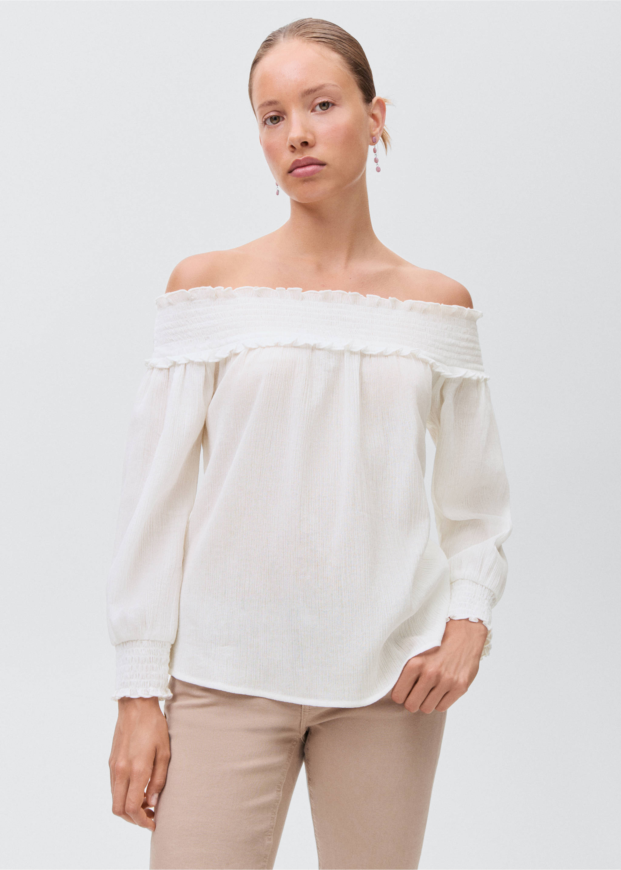 Strapless blouse with ruffled panel - Medium plane, Off White. Ref: 17074136-00.