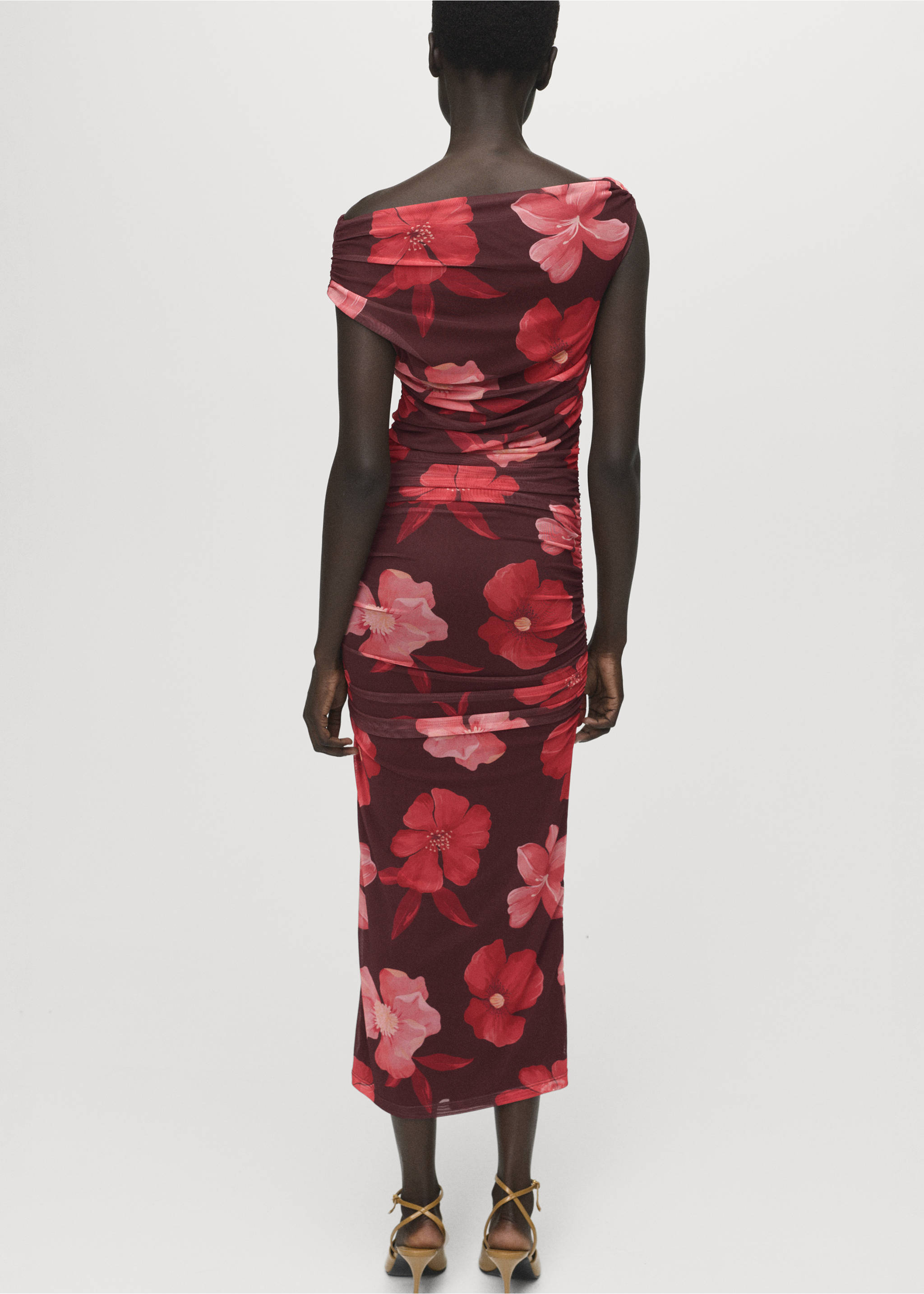 Asymmetrisches Kleid mit Blumenmuster - Rückseite des Artikels, Braun. Ref: 17074147-00.