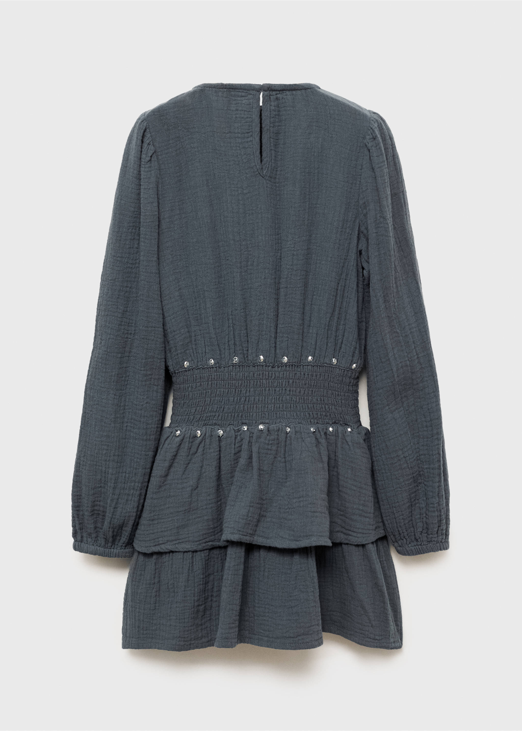 Dark grey textured long-sleeved dress with a studded smocked waist and back view., Charcoal. Ref: 17074410-00.