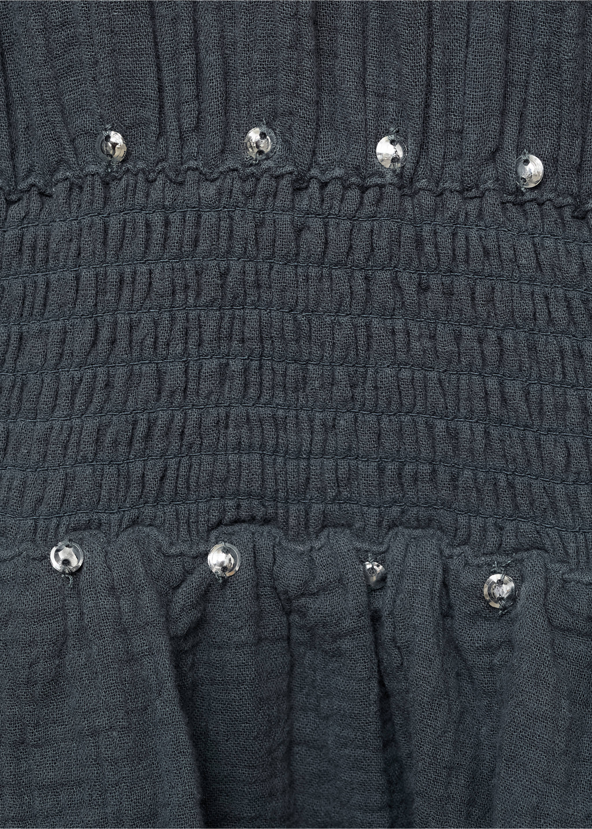 Dark grey dress with a smocked waistband and metallic studs., Charcoal. Ref: 17074410-00.
