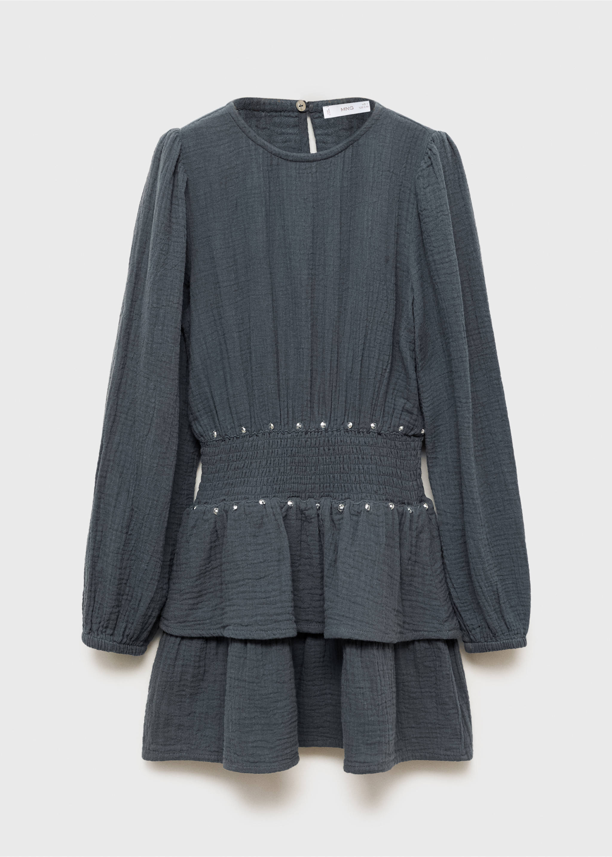 Dark grey kids dress with long sleeves, smocked waist, studs and tiered ruffles., Charcoal. Ref: 17074410-00.