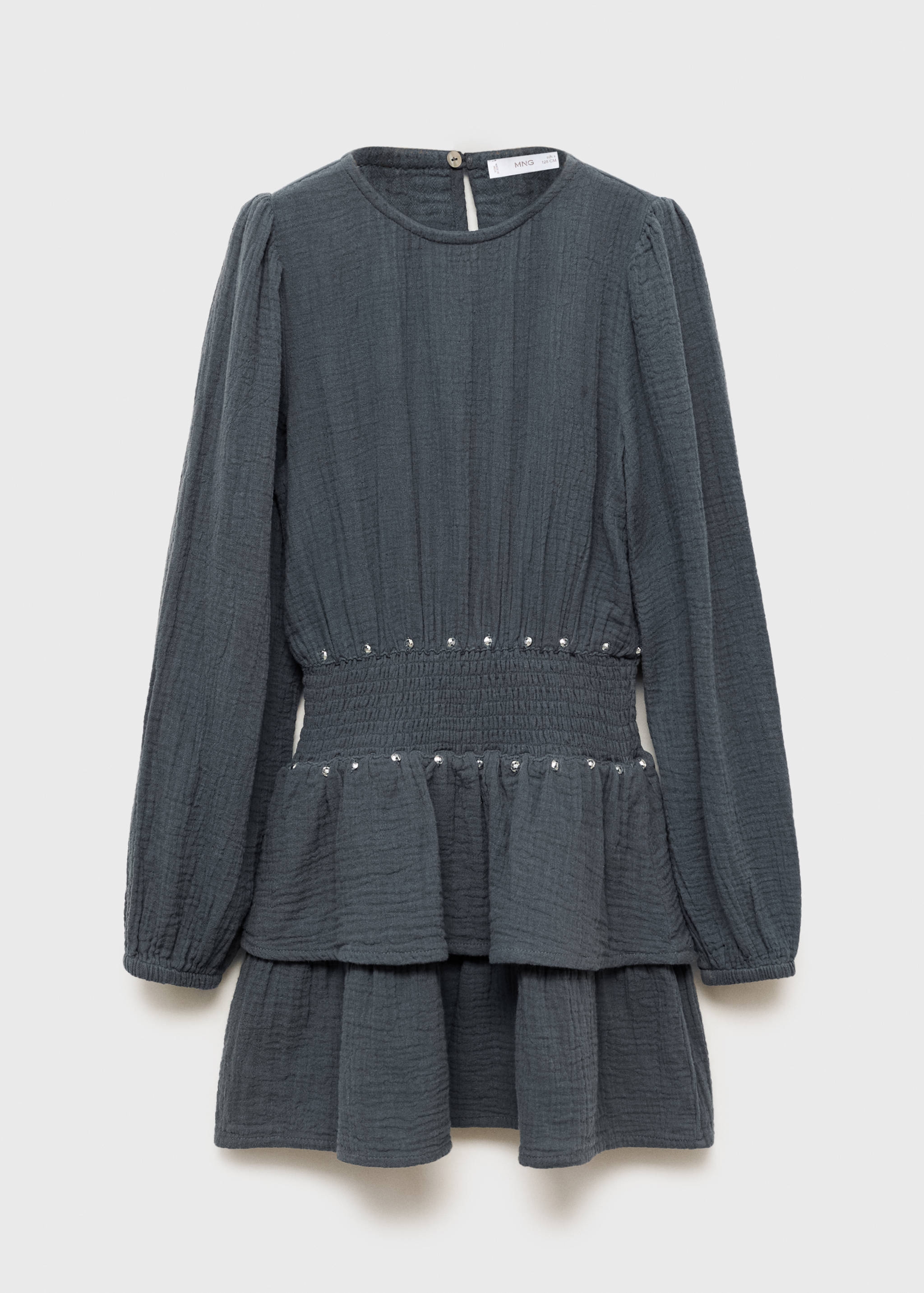 Dark grey kids dress with long sleeves, smocked waist, studs and tiered ruffles.