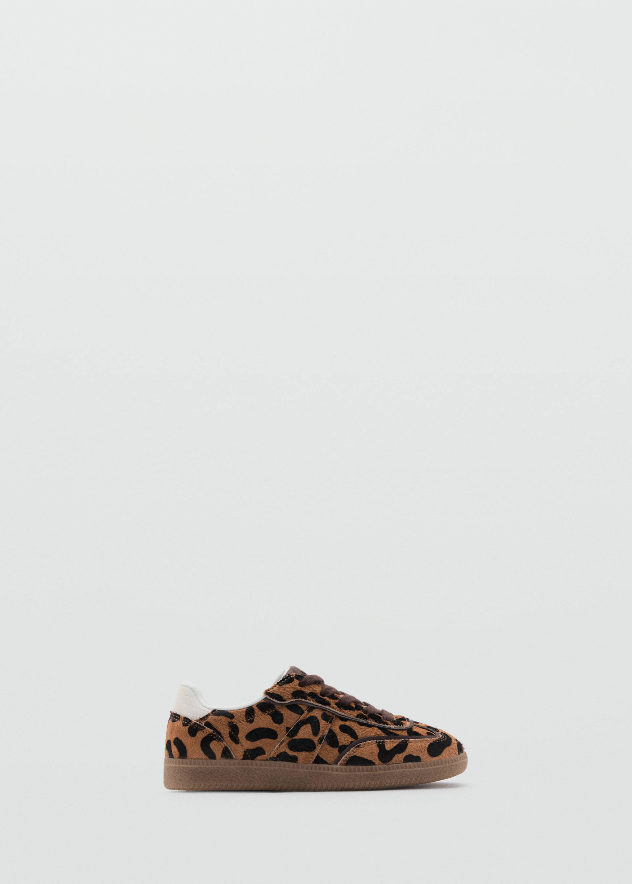 Kids' leopard-print faux-fur trainers with brown rubber soles.