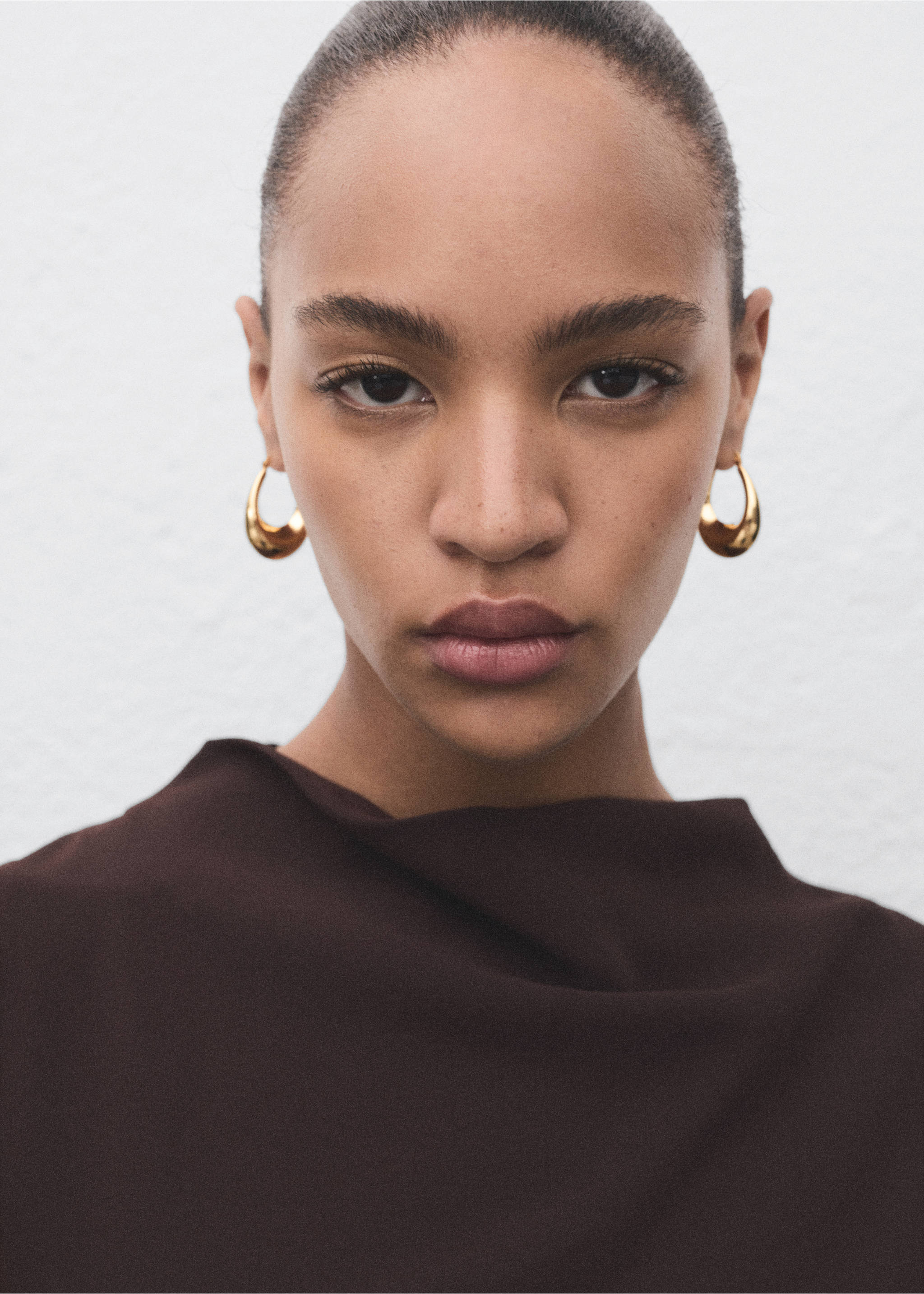 Ruched dress with draped neckline - Details of the article 1, Chocolate. Ref: 17074448-00.