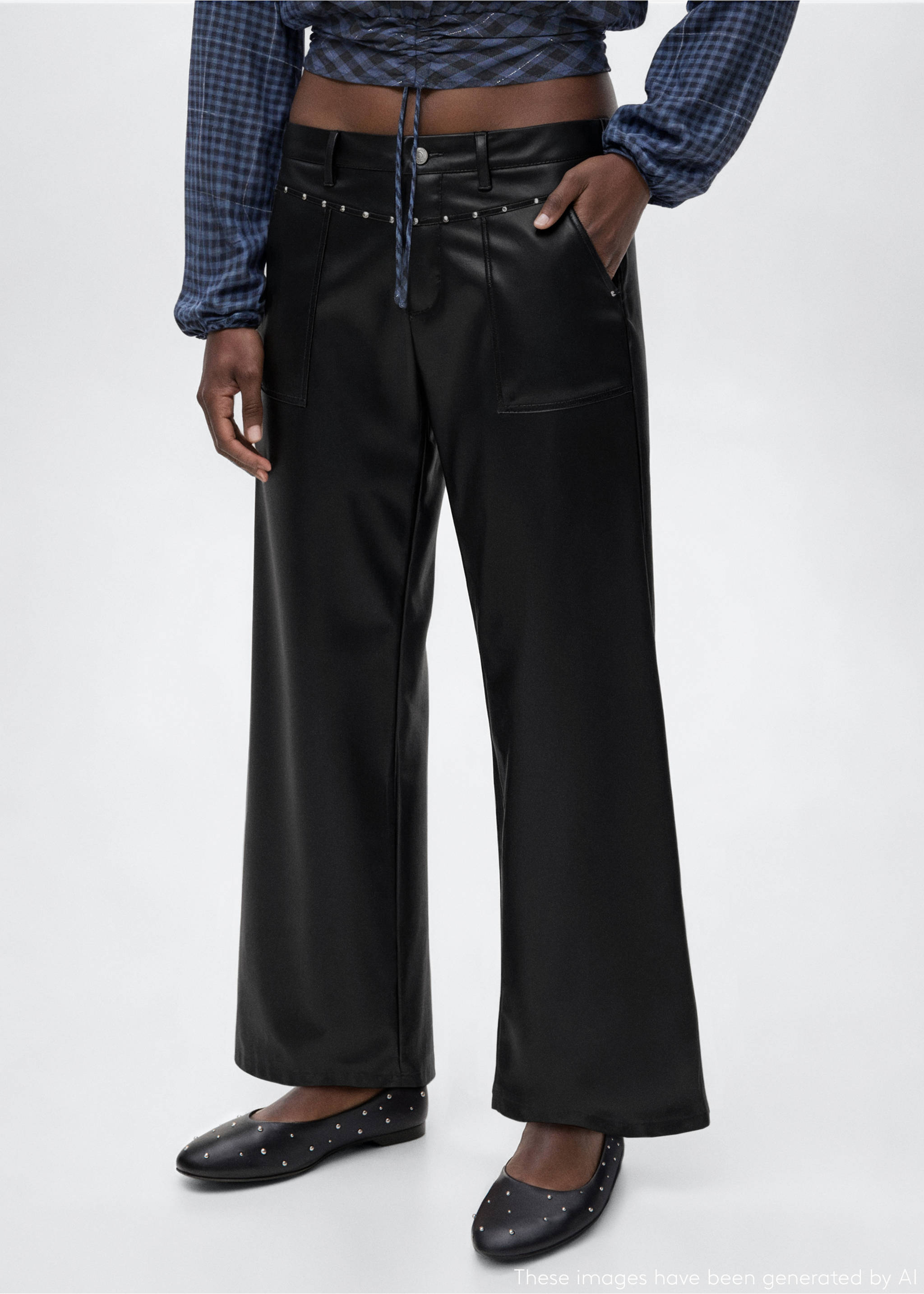 Studded leather-effect trousers - Medium plane, Black. Ref: 17074778-00.